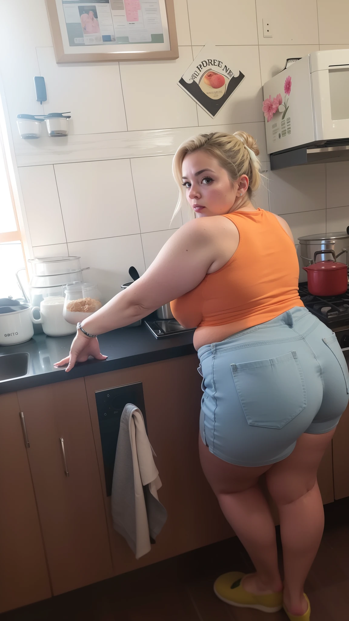 There's a woman in a kitchen with a pot and a stove, thicc, view of the back, pawg, photo from behind, o extremamente quente e sexy, ela tem uma barriga redonda gorda e agitada, thick thieves, Photo taken from behind, coxas grossas, photo from behind, angelawhite, na cozinha, picture from behind