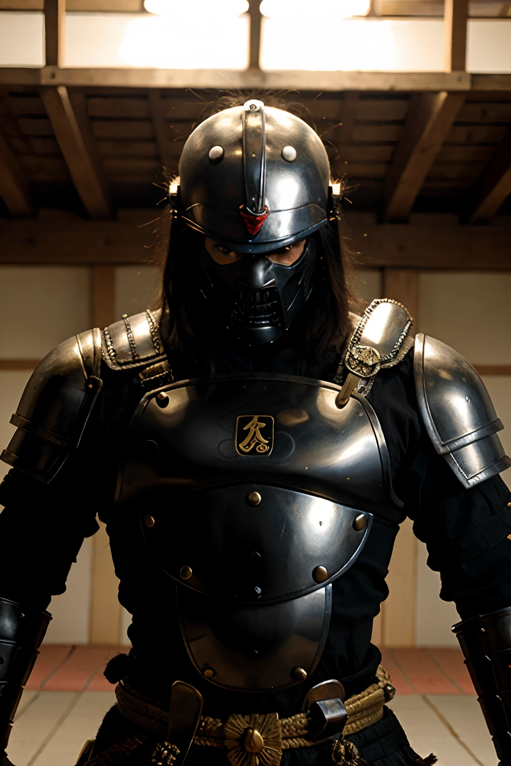 Samurai facing an alien in powerful armor