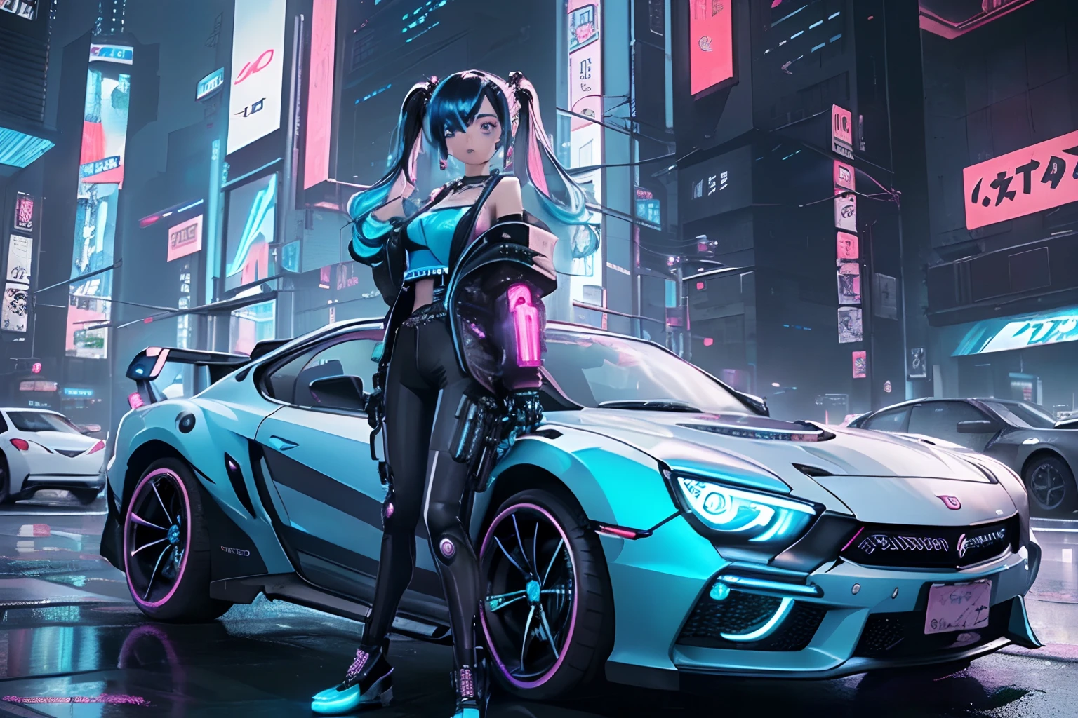 (deep in the night:1.3)、、(Detailed beautiful skin texture、detailed beautiful faces、Ultra-detailed clothing texture)、、(cyberpunked:1.4)、、(femele、18year old、Moderate milk、With long silver hair、blue eyess)、(Pink jacket、White tank top、Cargo pants)、Standing next to the car(Ultra-fine pickup truck 、Long bonnet、 (3/4Front view、The car is located in the center of the frame)、(car park、Cyberpunk's ultra-detailed night city)、(All Cars Cyberpunk Custom Cars)、(softlighting)、(masterpiece、top-quality:1.4、8K、ultra-detailliert、illustratio、Distinct_image、Convoluted_Details、delicate illustration)、(realisitic:0.15)、(Twintail)、Pearl Color、(((Neon blue and black cyberpunk car)))、((Cholo-Q variant))