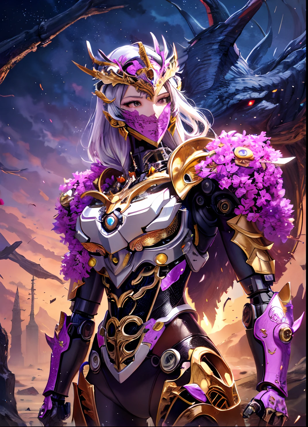 Close-up of a woman in armor,The background is a dragon, Portrait Chevaliers du Zodiaque Fille, Armor Girl, 2. 5 D CGI anime fantasy artwork, Mechanized Valkyrie girl, portrait of a cyborg queen, knights of zodiac girl, Anime fantasy artwork, highly detailed exquisite fanart, cyborg goddess in cosmos, Detailed digital anime art, Purple armor