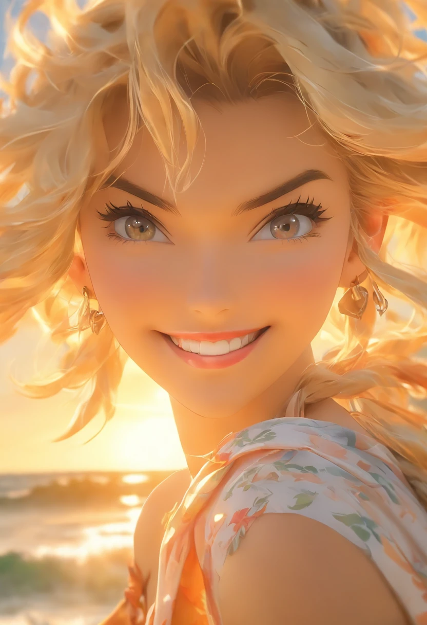(ultra-realistic realism, 8K, Extremely detailed, Best quality, Super detailed, Masterpiece, Ultra-realistic, High detail, RAW photo, Realistic, photograph realistic, 超高分辨率, Realistic, Top quality, RAW photography, Depth of field, Cinematic lighting). (one pretty woman). (Blonde hair). (二重まぶた). (Smiling). (Solo). (at the sunset). (Pose freely on the rocks by the sea). (patterns, Intricate tropical island-inspired clothing). (Cowboy shot from below).