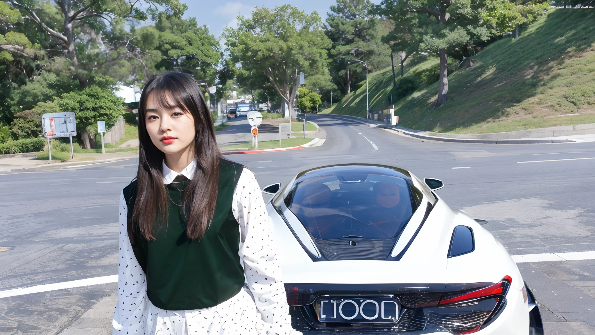 Cute Japan girl with red lips , white McLaren