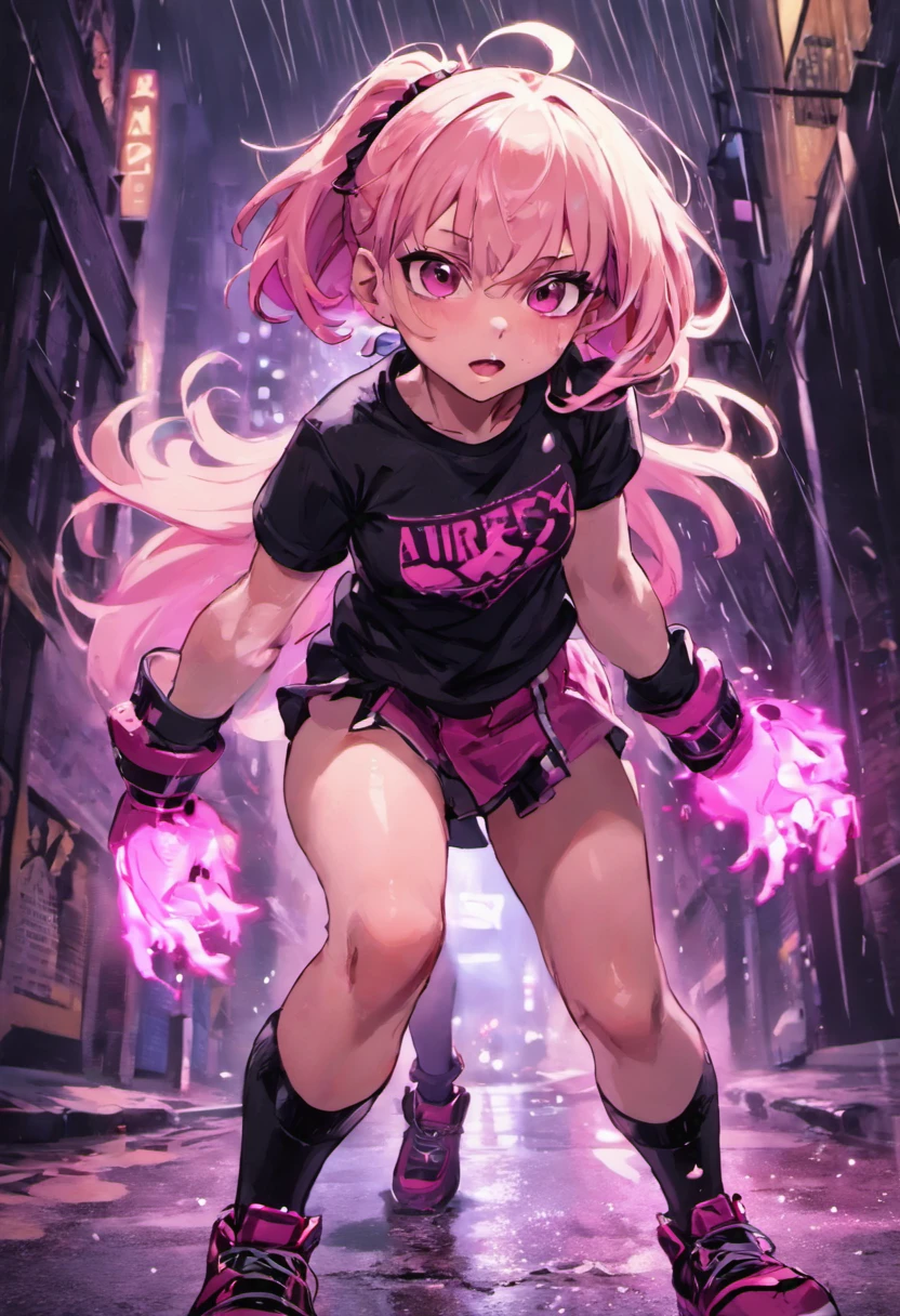 A young teenage girl with medium long pale pink hair (esponjoso), Great light brown color, mejillas coloradas usando una camiseta negra por dentro de una falda negra con rosa, calceitnes blancos, zapatos morados con guantes negros, una visera color negro en la cabeza; en un mundo futurista sosteniendo un armaen una calle empapada por la lluvia por la noche, fotorrealista, cinematic lighting