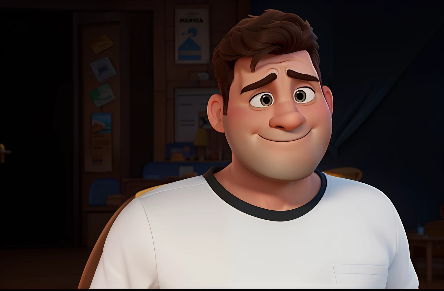 Poster no estilo Disney pixar, alta qualidade, melhor qualidade, homem sexy branco, 40 anos dentes brancos, com fundo em uma sala moderna