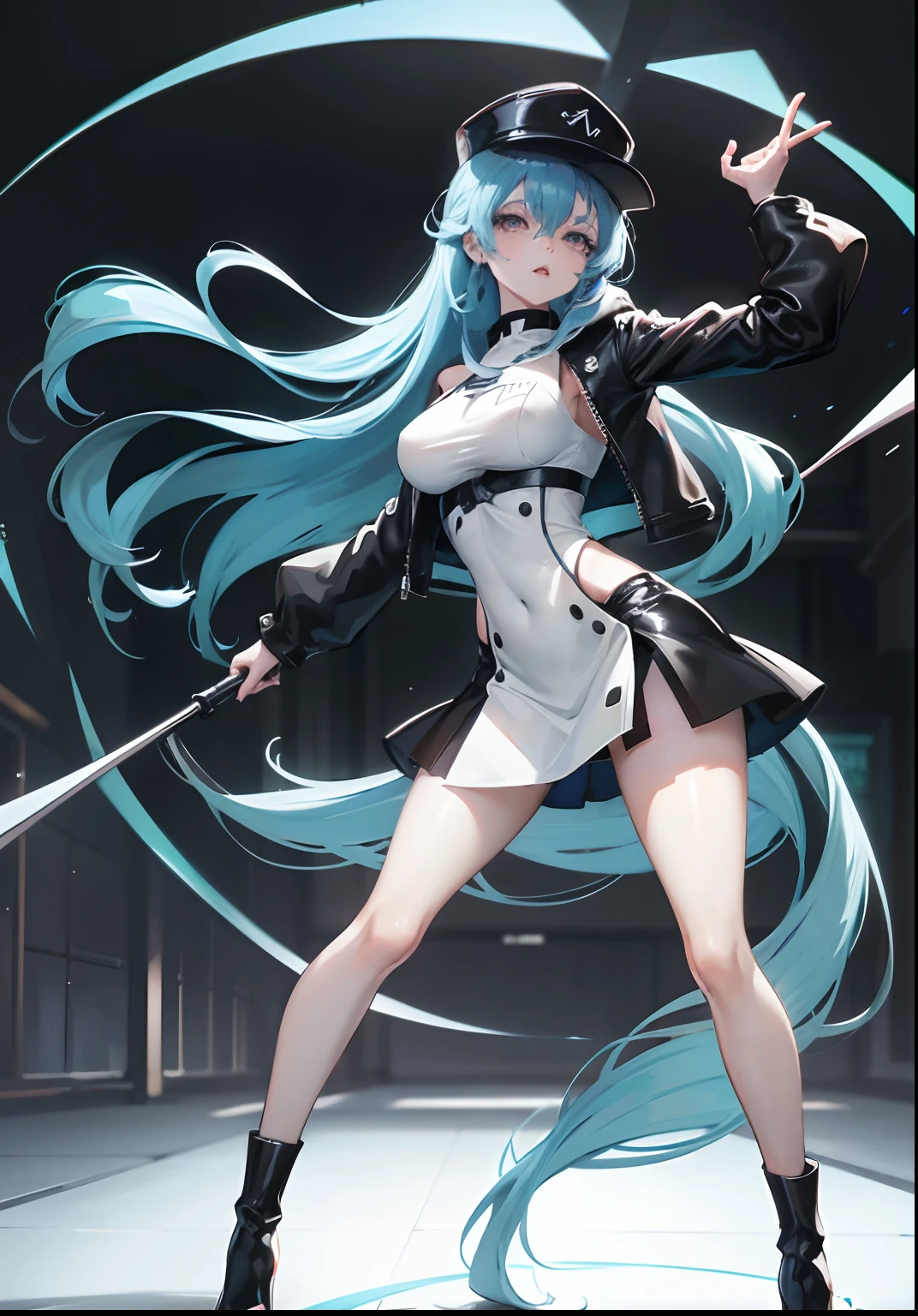 anime girl with blue hair and a white hat posing for a picture, 2 d anime style, anime style 4 k, glowing blue, 4k anime wallpaper, black and blue, anime girl with long hair, cyberpunk anime girl in hoodie, cyberpunk anime girl, trending on artstation pixiv, anime style. 8k, 2 d anime, popular on pixiv, revealing clothing,style image of a woman in a black uniform and a black coach hat, designer black plus symbol in the middle of hat, black designer short skirt, long sexy legs, big tits, white high heels, striking pose, ultra hd, ultra resolution quality, best quality, masterpiece, great sexy body, ultra hd quality, best resolution, 4k, ultra 4k hd, 8k, ultra 8k hd, 8k hd