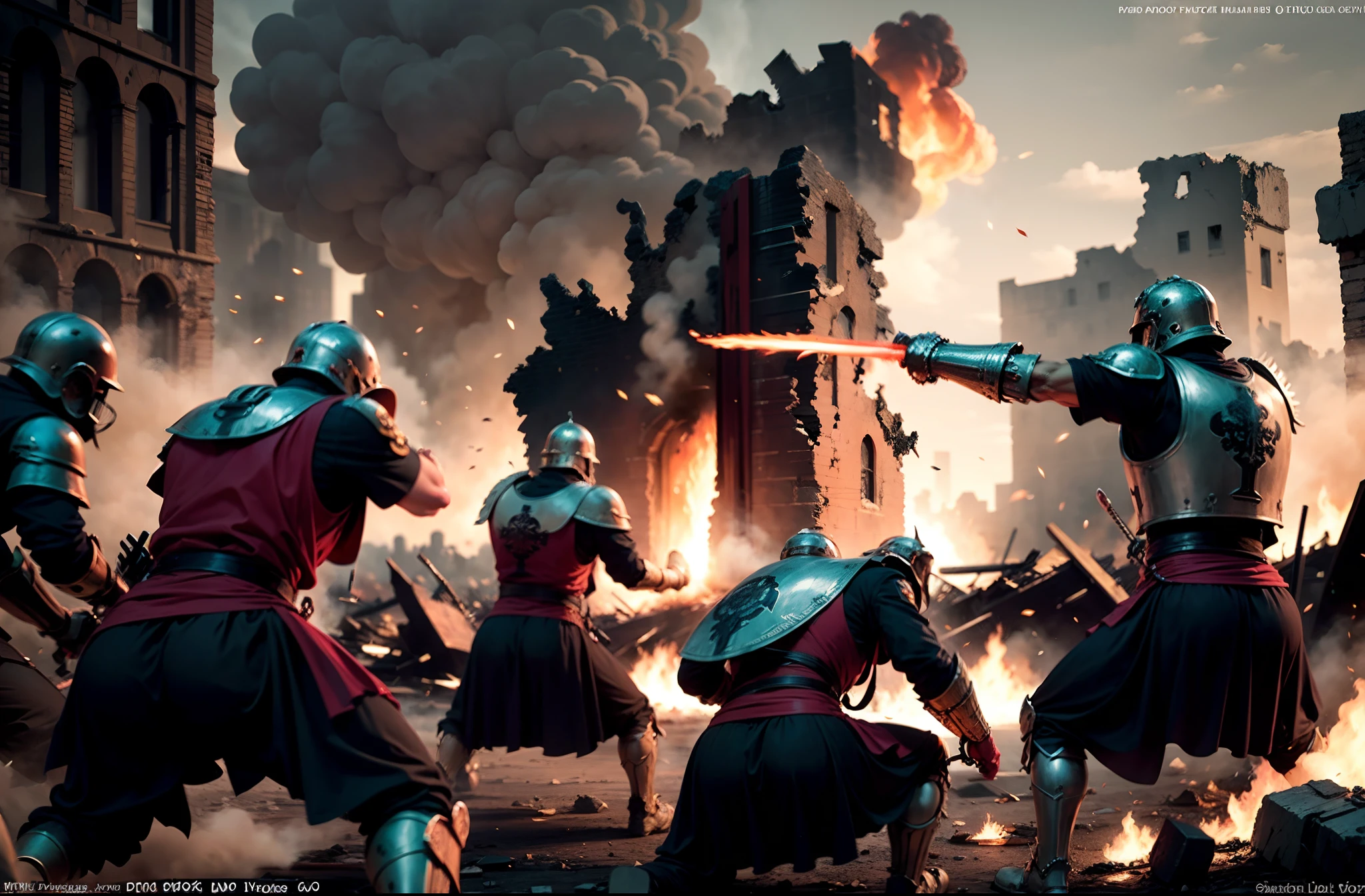 Flames are burning in the background of a group of men in Wild West costumes, movie action scene, still from a live action movie, live action movie scene, VFX action shot, VFX shot, still from a fantasy movie, an epic cowboy battle scene, dramatic cinematic action shot, Awesome VFX, background: battle scene, epic battle scene, epic battle scene