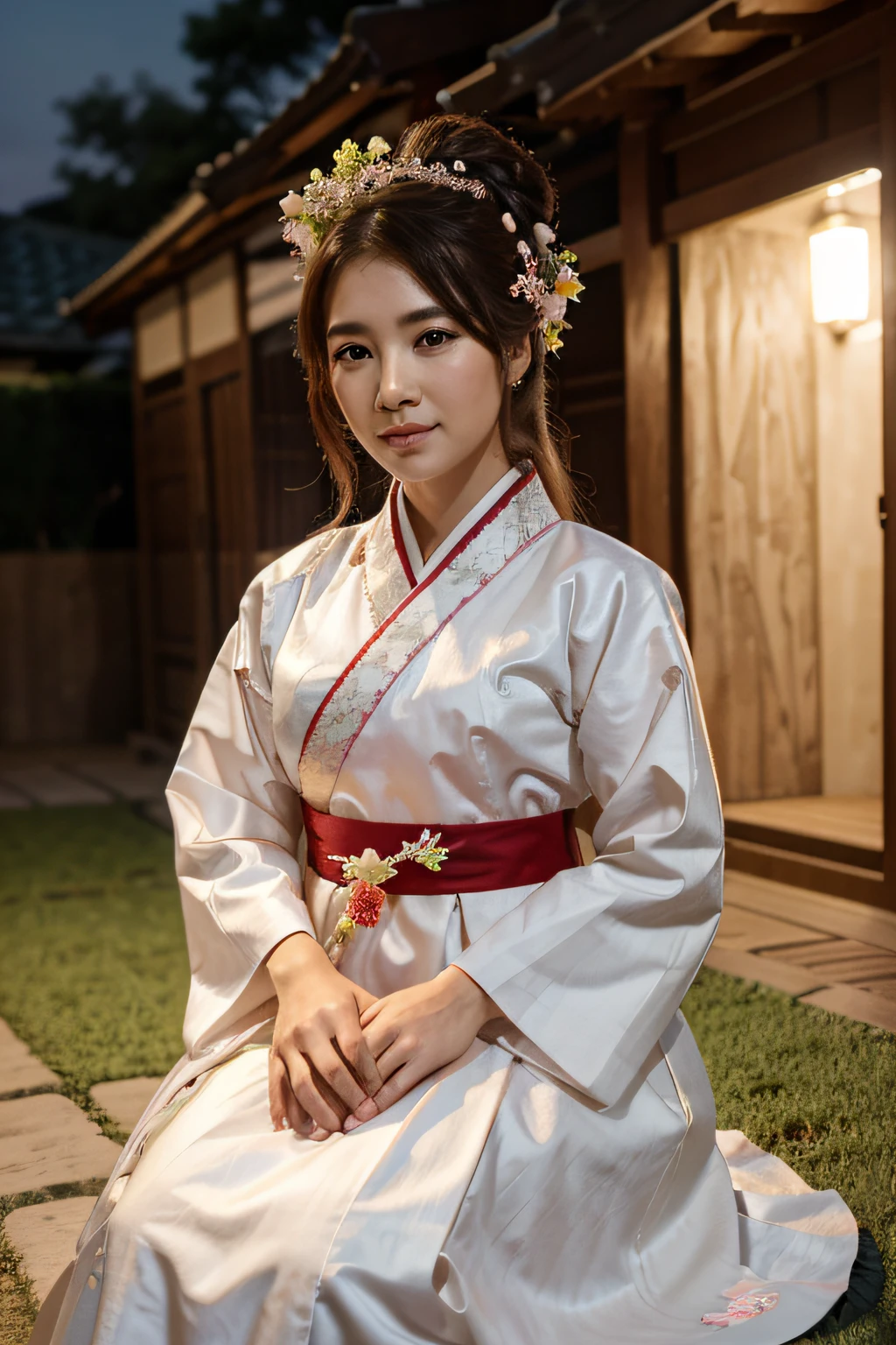 best quality, High_resolution, diferente_imagem, Antecedentes detalhados ,garota, Hanbok,flor,Jardim,lua, Noite,