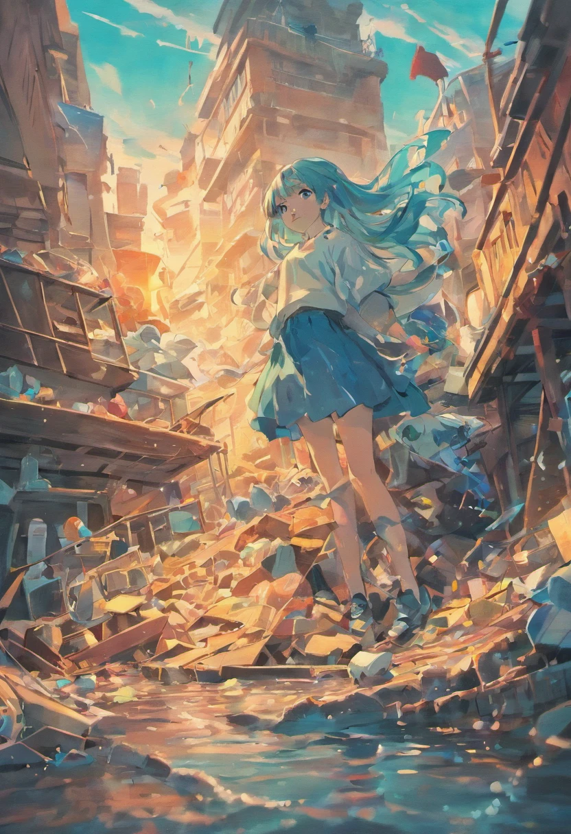 Teenager rescues a dolphin trapped by garbage，There is not a lot of garbage，Anime style drawing
