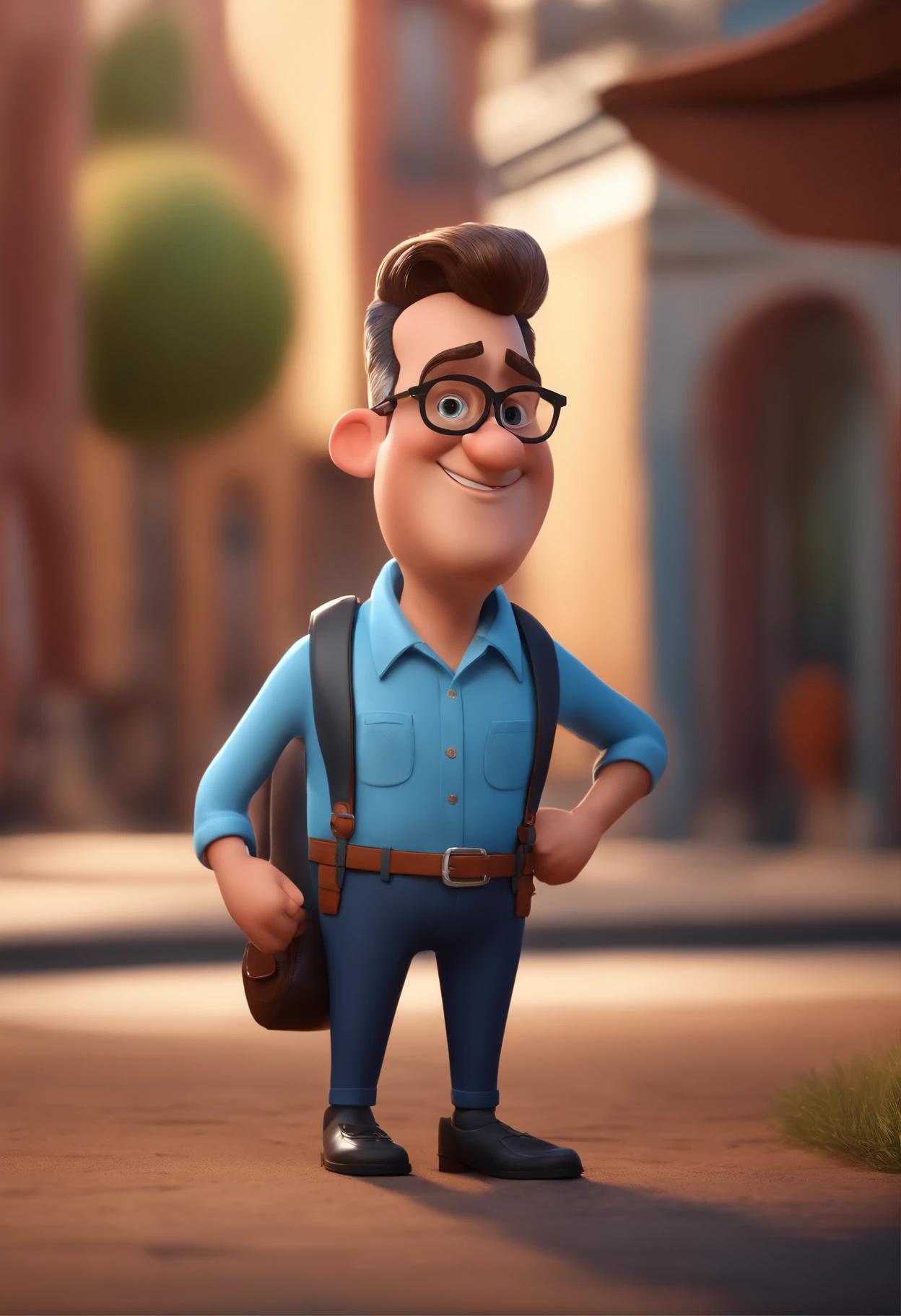 Cartoon character of a man with black glasses and a blue shirt, animation character, Caractere estilizado, animation style rendering, 3D estilizado, Arnold Maya render, 3 d render stylized, toon render keyshot, Personagem 3D, Personagem 3D, 3d rendering stylized, 3 d character render, personagem de desenho animado, Personagem de close up, Pose de personagem, (Estilo Pixar) (master part:1.2) (Bokeh) (best quality) (pele detalhada) (textura detalhada) (8k) (argila) (Cinematic lighting) (foco nítido