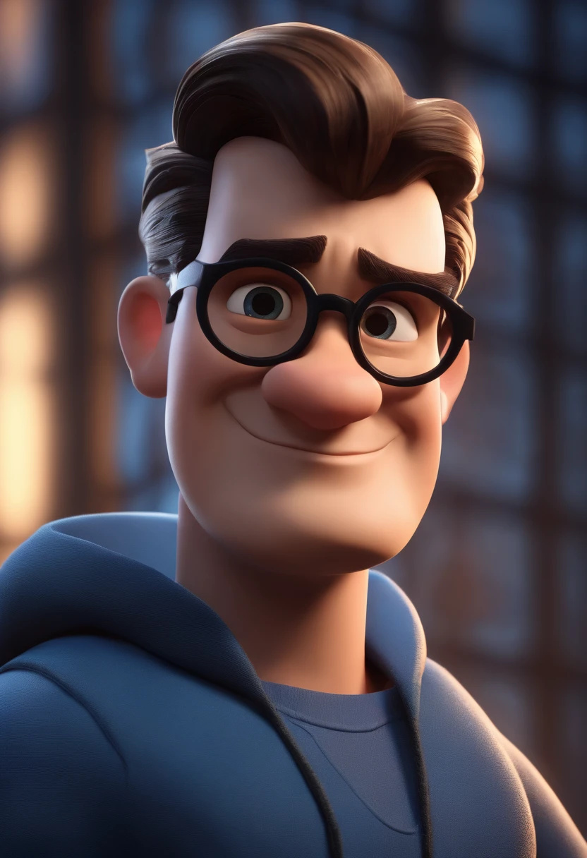 Cartoon character of a man wearing black glasses and a blue shirt, um personagem animado, Caractere estilizado, animation style rendering, 3D estilizado, Arnold Maya render, 3 d render stylized, toon render keyshot, Personagem 3D, Personagem 3D, 3d rendering stylized, 3 d character render, personagem de desenho animado, Personagem de close up, Pose de personagem, (Estilo Pixar) (master part:1.2) (Bokeh) (best quality) (pele detalhada) (textura detalhada) (8k) (argila) (Cinematic lighting) (foco nítido，Senta e vaza a parte superior do corpo