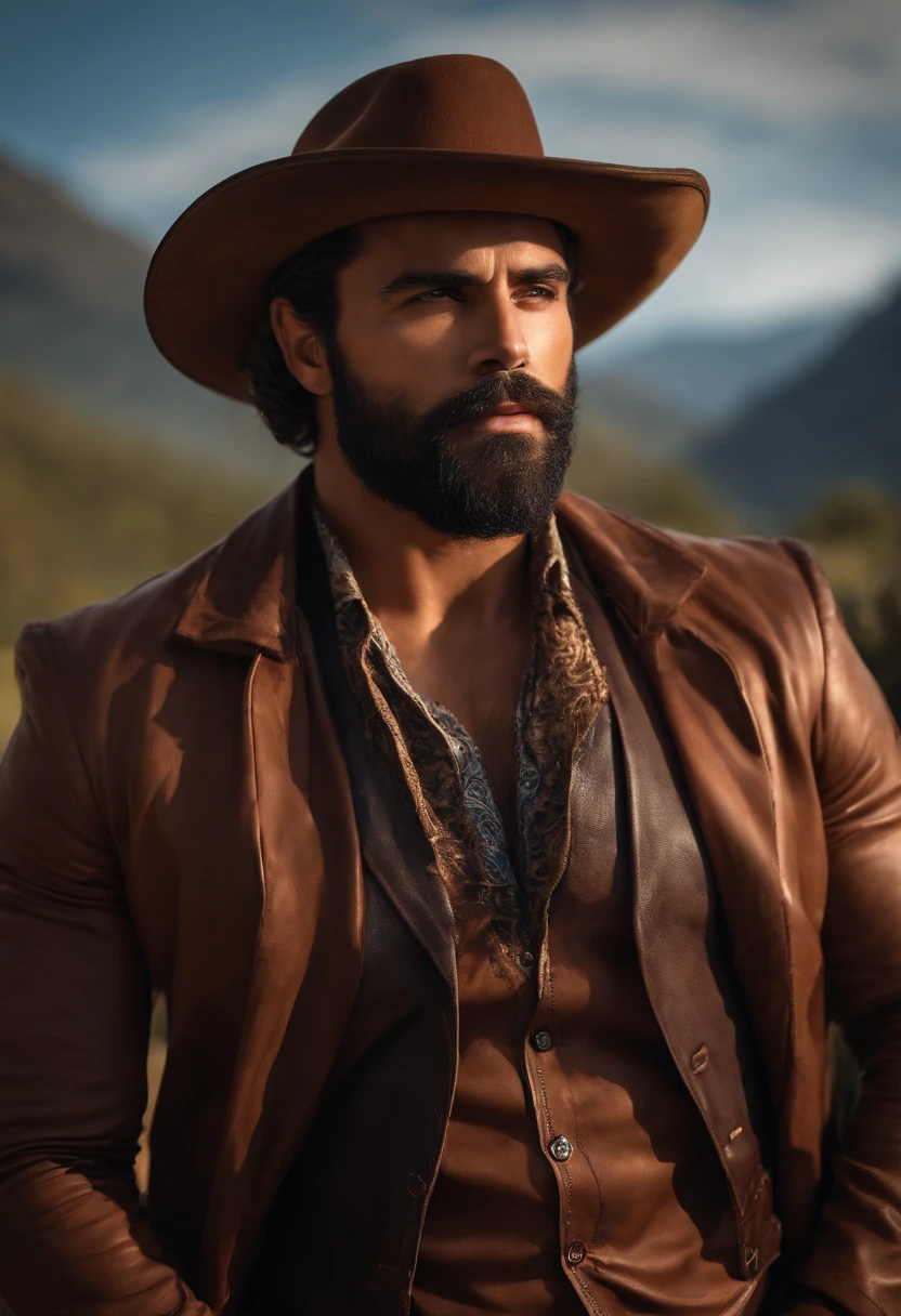 Personagem homem, 1,84 de altura, 130kg, moreno, barba preta, cabelo curto, padre, medium brown eyes, large lips,furry arms,camisa azul e sapato marron, brown hat