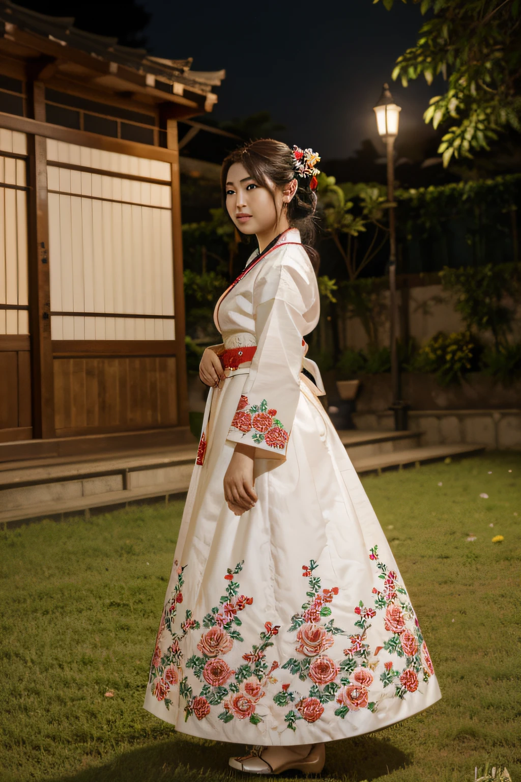 best quality, High_resolution, diferente_imagem, Antecedentes detalhados ,garota, Hanbok,flor,Jardim,lua, Noite,