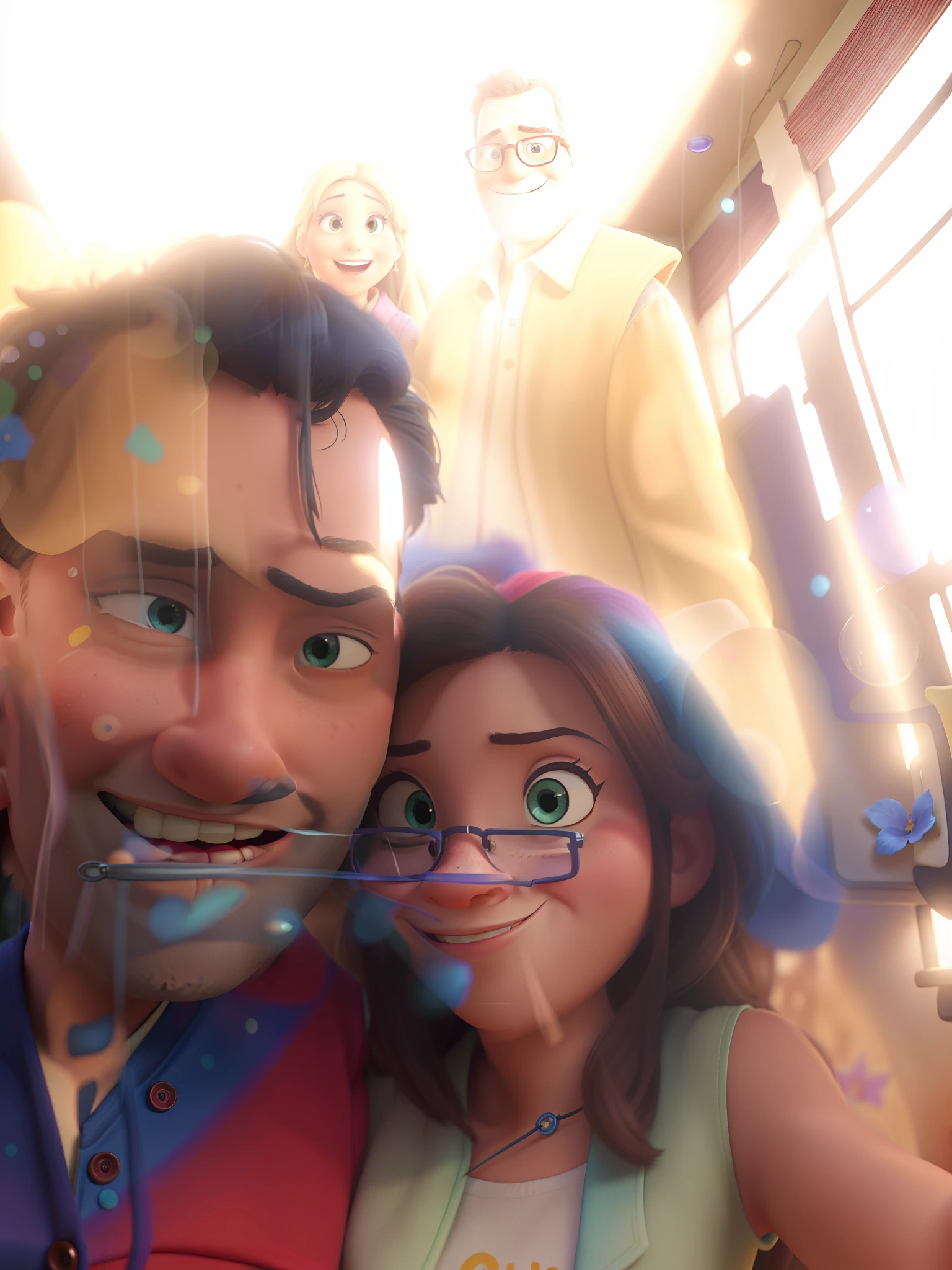 (best quality,4k,highres:1.2),ultra-detailed,realistic,poster style Disney Pixar artwork,42-year-old man and 40-year-old wife with glasses,colorful characters with expressive eyes and dynamic facial expressions,vibrant and lively garden scene,with a mix of realistic and fantasy elements,filled with vibrant flowers and lush greenery,carefully crafted lighting to enhance the magic,playful interaction between the couple,creating a warm and joyful atmosphere,Joy-filled expressions on their faces,hinting at a deep and loving relationship,with a touch of nostalgia and whimsy,mixed with elements of adventure and discovery,creating a sense of wonder and excitement,sparkling light effects and vibrant colors,transporting the viewers into a magical world,a perfect celebration of love and joy in a Disney Pixar-inspired universe