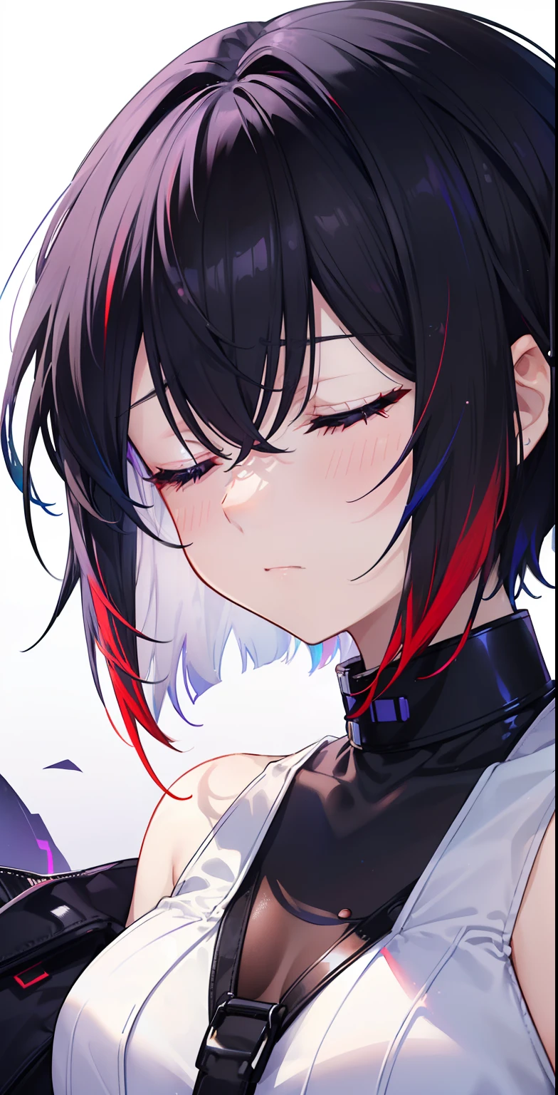 girl, close up, (detailed emotion), (depressed), (remorse), (regret), (closed eyes), (black hair:1.2), (short hair), (red gradient hair, blue gradient hair, purple gradient hair), (multicolor gradient hair), (all gradient down hair:1.3), (white dress), (black collar), (white background),