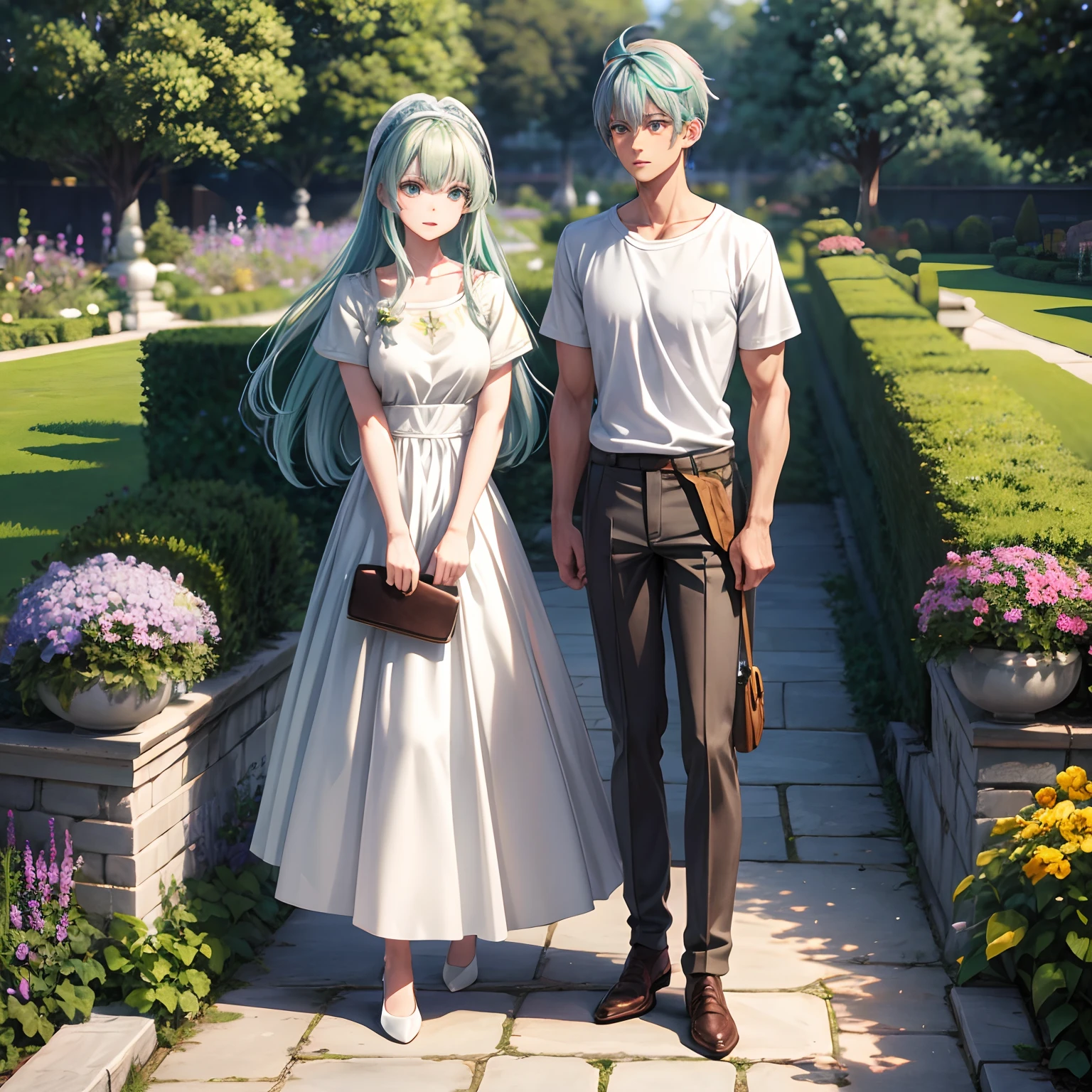 tall girl, with green hair [hair color: 1.5], green eyes [eye color: 1.5], greenish-white color [shade and dress color: 1.5], loose hair, headband (decoration) in her hair ), [headdress: 1.5], [reality: 1.5], standing next to the girl is her tall boy friend, wearing a white t-shirt (t-shirt), (white t-shirt), [t-shirt: 1.5], dark trousers [trouser color: 1.0 ], brown hair [hair brown colour:1.5],brown eyes [eye color: 1.5], standing next to each other in the garden [garden realism: 1.5], (garden), (flower garden), 3d