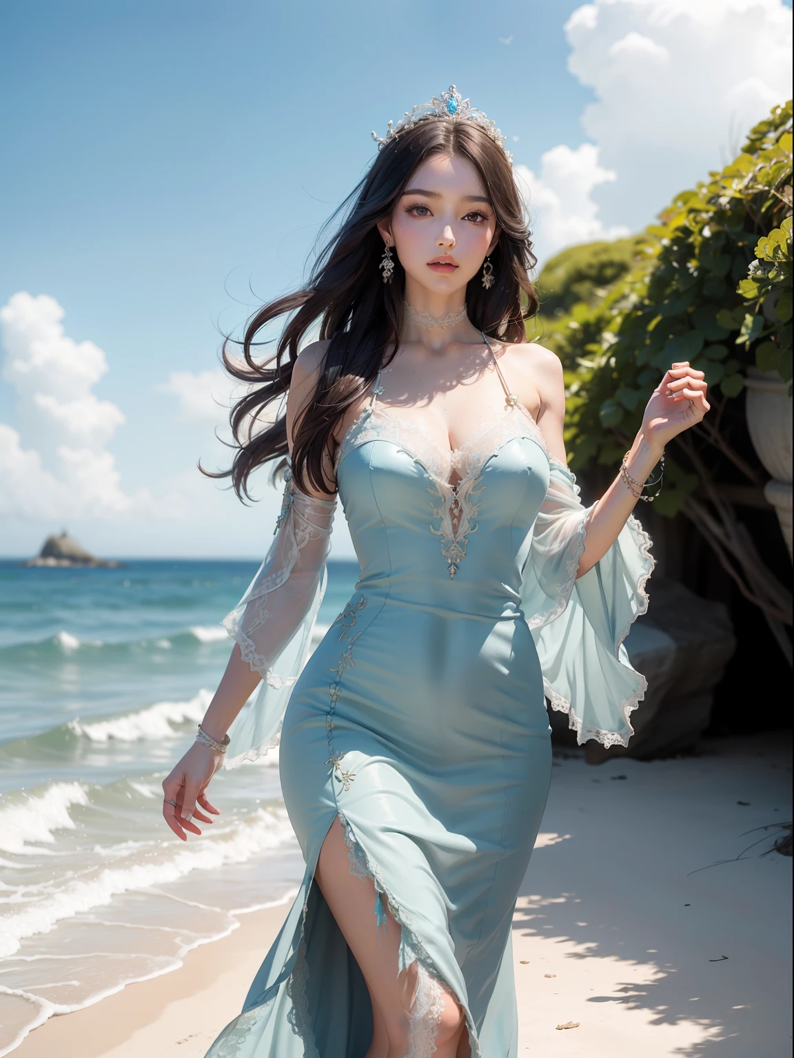 Masterpiece, Best quality,1girll,Upper body,Photorealistic,8K Raw photograph,Midjourney style，Mermaid princess，Dress normally，Lace long dress，flowy，Walk by the sea，Slender thighs，high and cold，Royal Sister