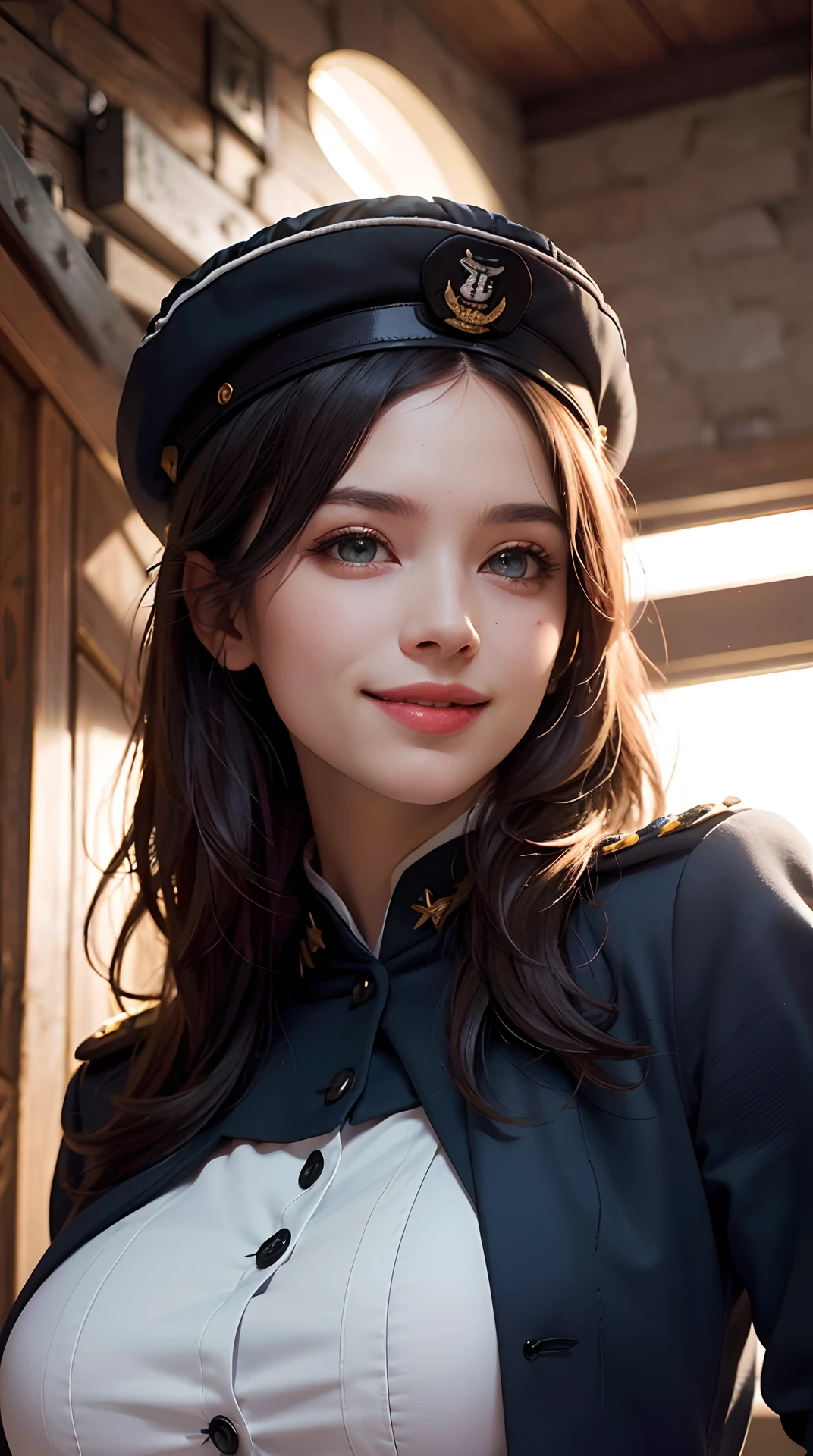 (best quality,4k,8k,highres,masterpiece:1.2), ultra-detailed, (realistic,photorealistic,photo-realistic:1.37), (beautiful detailed eyes, beautiful detailed lips, extremely detailed eyes and face), studio lighting, physically-based rendering,vivid colors, (big tits, super big tits, super extra big tits:0.8), (general's uniform, hat:1.5), (soft lighting:0.8), (portrait, smile and laugh:1.5),