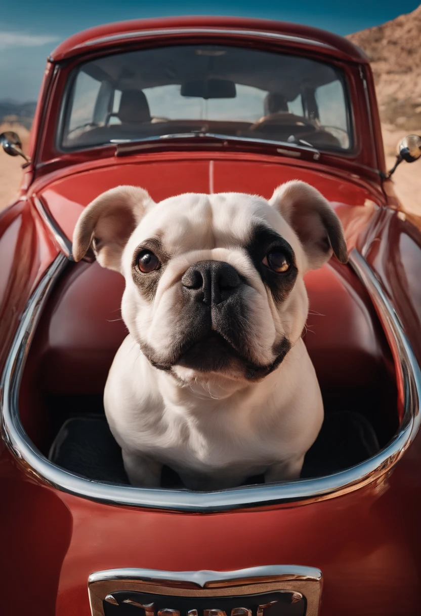 Pixar. There's a man and a dog sitting in the back seat of a car, French Buldog Face, selfie of a dog, holding a French bulldog for a photo, olhando para longe, olhando para o lado, orgulhoso olhando para longe, Bullies, with his hyperactive little dog, looking-into-camera, imagem de perfil, olhando para frente.