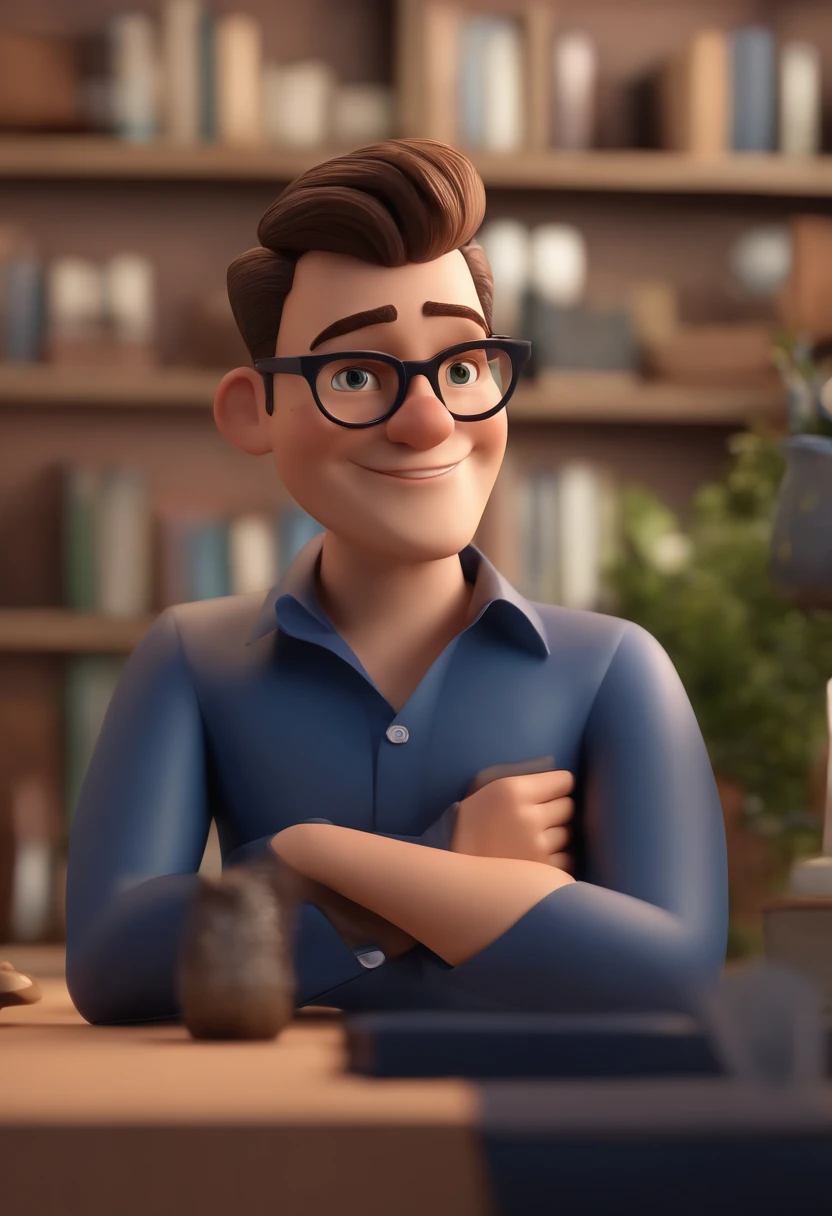 Cartoon character of a man wearing black glasses and a blue shirt, um personagem animado, Caractere estilizado, animation style rendering, 3D estilizado, Arnold Maya render, 3 d render stylized, toon render keyshot, Personagem 3D, Personagem 3D, 3d rendering stylized, 3 d character render, personagem de desenho animado, Personagem de close up, Pose de personagem, (Estilo Pixar) (master part:1.2) (Bokeh) (best quality) (pele detalhada) (textura detalhada) (8k) (argila) (Cinematic lighting) (foco nítido，Senta e vaza a parte superior do corpo