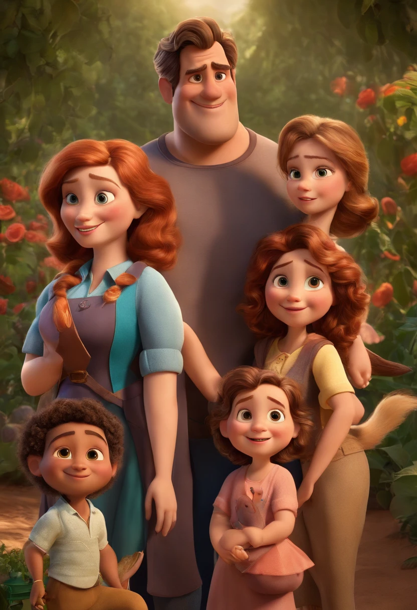 a Disney Pixar movie poster showing a white-skinned family. The father is the tallest, Tem barba curta, loiro, cabelos curtos e espinhosos. The mother has brown eyes and hair, shoulder-length and is slightly overweight. A tem 4 anos e cabelos castanhos, roupa rosa e rabos de cavalo. The background is a beach garden. 3D-rendering
