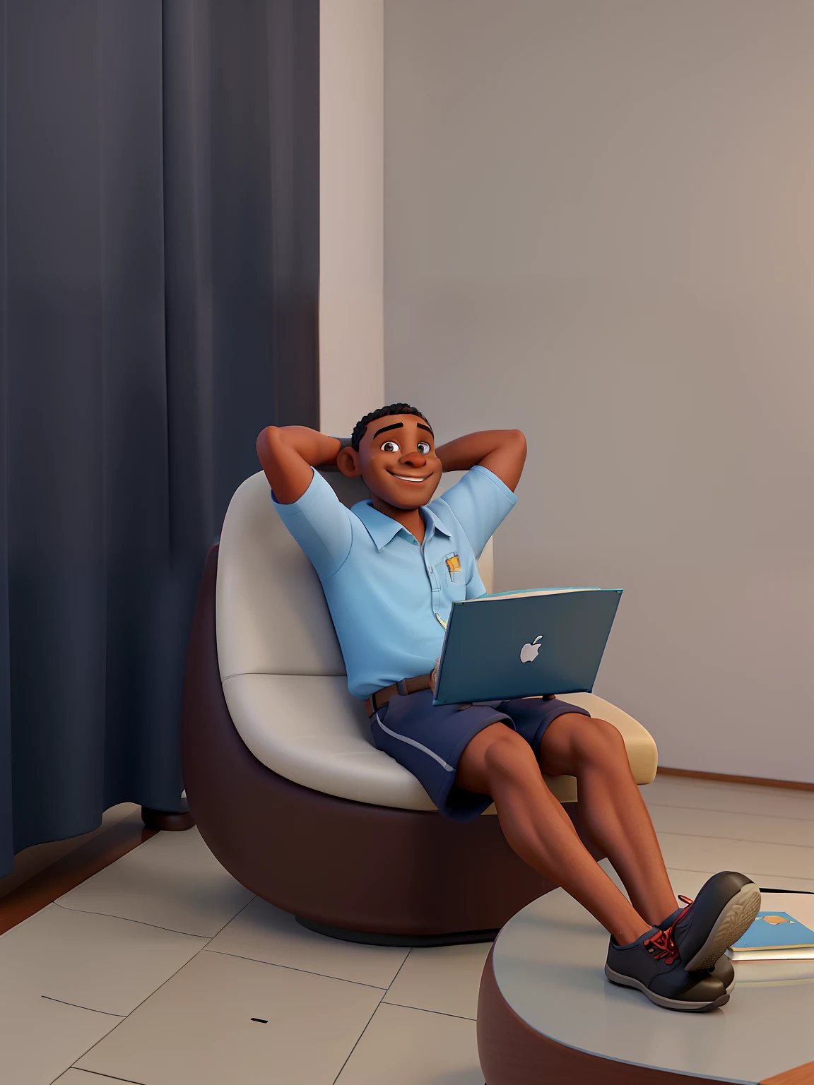 Man of Mozambican origin, adulto, 40 anos, pele castanha clara, Wide head, nariz largo, sorridente, Sitting behind a desk with books in the background, sorridente, cabelo baixo, Estilo 3D Pixar.