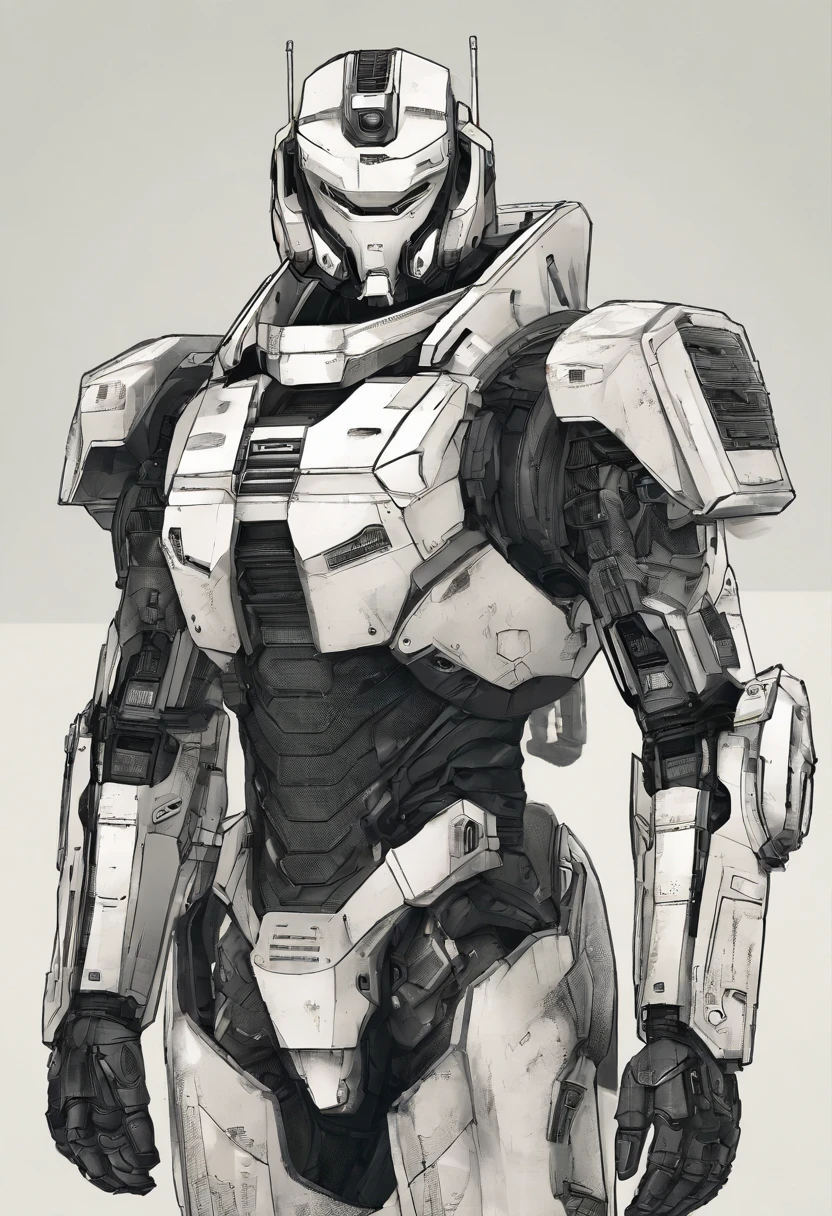 create a super realistic drawing of a 2-meter mecha armor, battle-worn white, wearing the armor is a man with short blond hair parted in the middle and combed back, green eyes, a wide nose and unshaven beard, a tired expression on his face, cyberpunk style