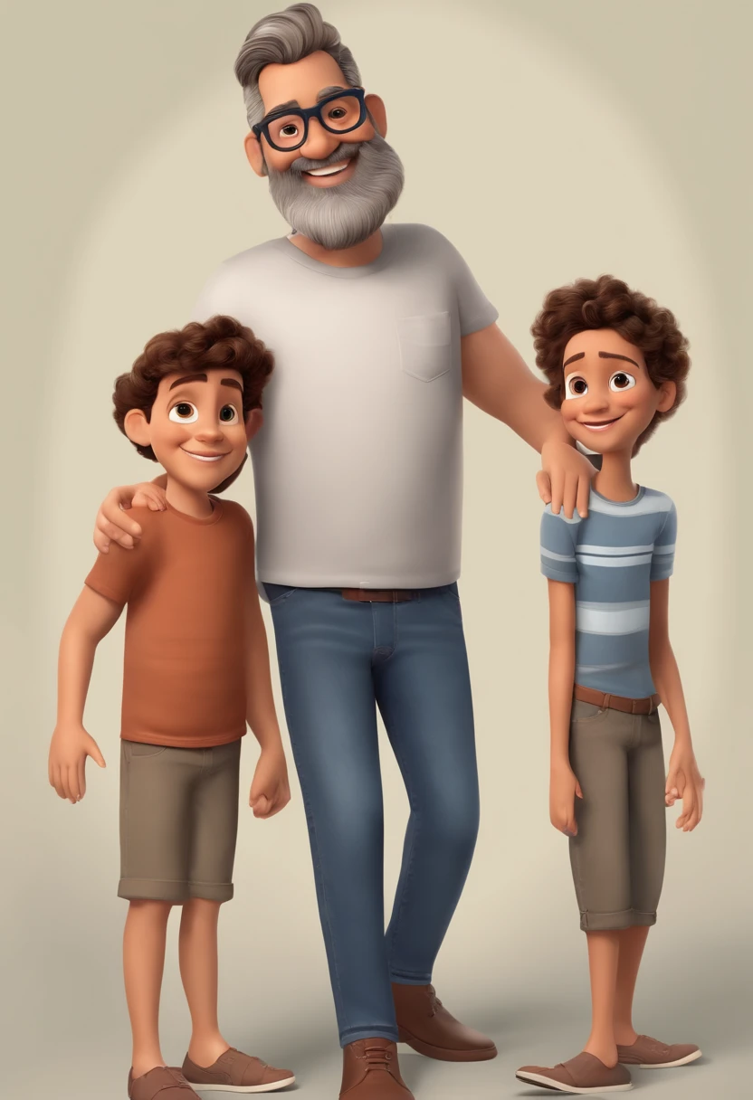 Pixar. Pai e filho , o pai tem os cabelo castanho , Camiseta cinza e jeans preta. O menino de cabelos pretos com cabelos grisalhos barba pequena, oculos, Dark blue jeans and gray t-shirt. They are both smiling and are 40 years old