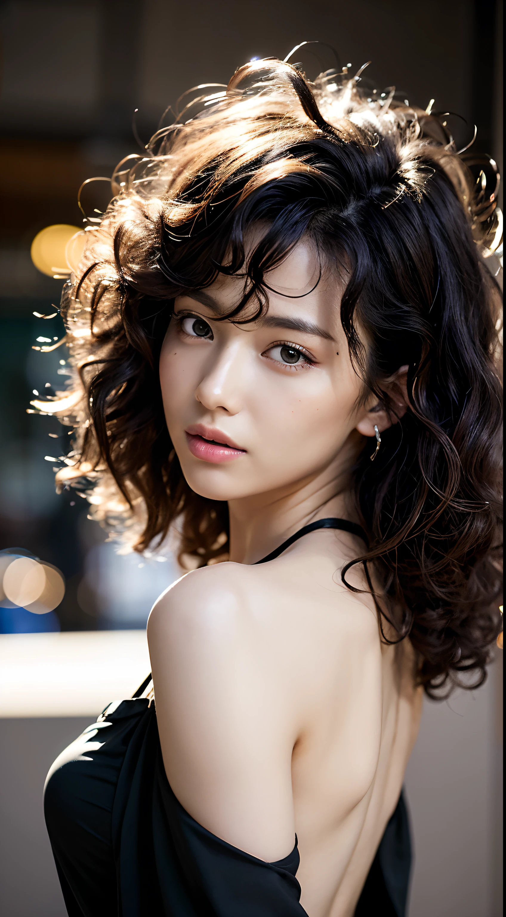 、(Photorealsitic:1.4)、(hyper realisitic:1.4)、(realisitic:1.3)、(Smooth lighting:1.05)、(Improved lighting quality in movies:0.9)、32K、1girl in、28-year-old girl、Realistic lighting、Back lighting、Facial light、raytrace、(brightened light:1.2)、(enhanced quality:1.4)、finely eye、finerly detailed face、Fine quality eye、(Tired, sleepy and satisfied:0.0)、 Black shirt、(Enhances skin texture:1.1)、realistic skin textures,Perm Hair、Afro hair、Curly hair、curlyhair、voluminous curly hair、Kurkuruperm