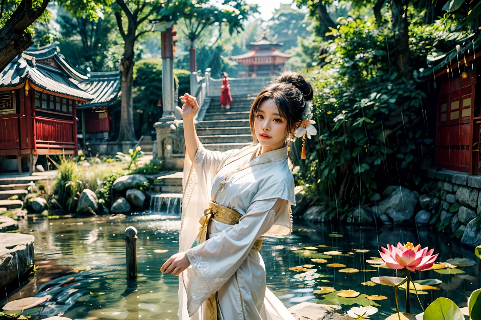 realistic, big vista, wide angle lens, intricate details, super detailed, natural skin texture, 1 girl, hair bundle, bun, beautiful Chinese woman in white hanfu robe cloak, fairy, white mist, golden light, white mist, outdoors, in Hangzhou West Lake, in ancient Chinese pavilion, (colorful, vivid, sunny, cool light: 1.2) lotus leaves in pond, delicate facial details, dynamic poses, exquisite details, wide view, epic details, global illumination - ar 3:2 - Q 5 - V 5.1 - Style RAW-S 750, style influenced by ancient Chinese art, complex, high detail, sharp focus, dramatic, photorealistic painting art, lotus leaf, spring rain, bright, light, atmospheric, bright tones of spring, super detail, 16k, best quality, soft light, space, crystal clear, natural light, surreal photography,