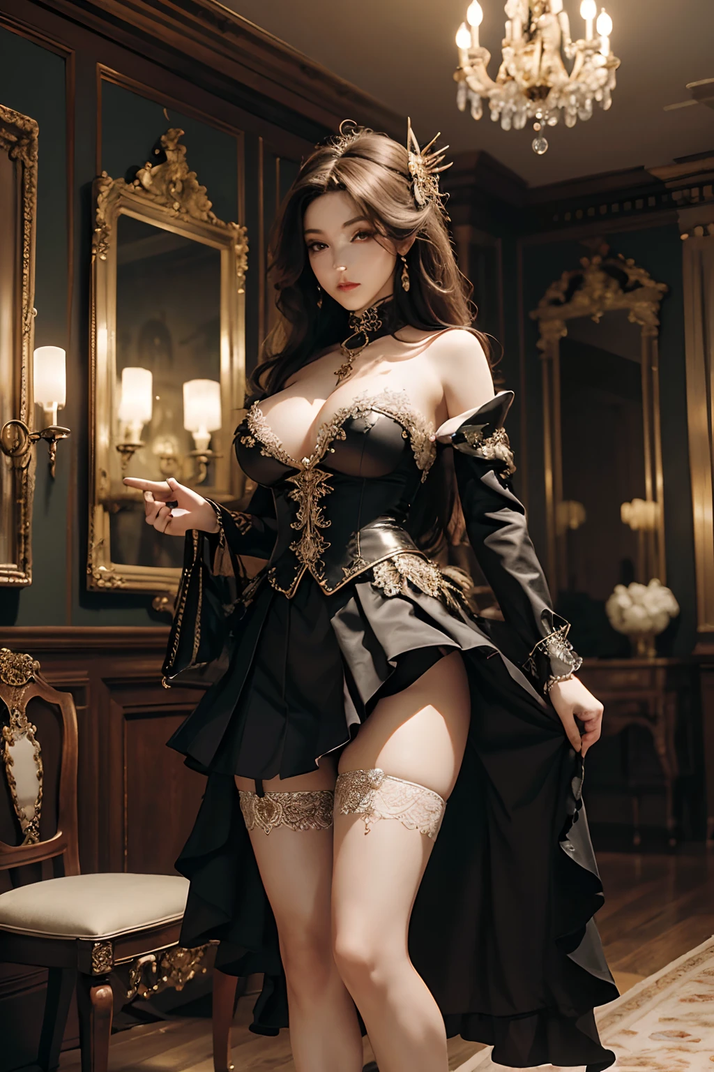 (Masterpiece, Best quality, Ultra detailed, absurderes)1.5, 1girll, (Sexy, Beautiful woman, Perfect face, Perfect eyes, Perfect female body, Huge breasts)1.5, (Masquerade balls are trendy, wig, Elaborate dress, Stockings, High heels, Full face mask, Covered , Carmelto, ), (standing, Skirt lift, Indoors, European-style mansion), Perfect lighting, smooth, hdr