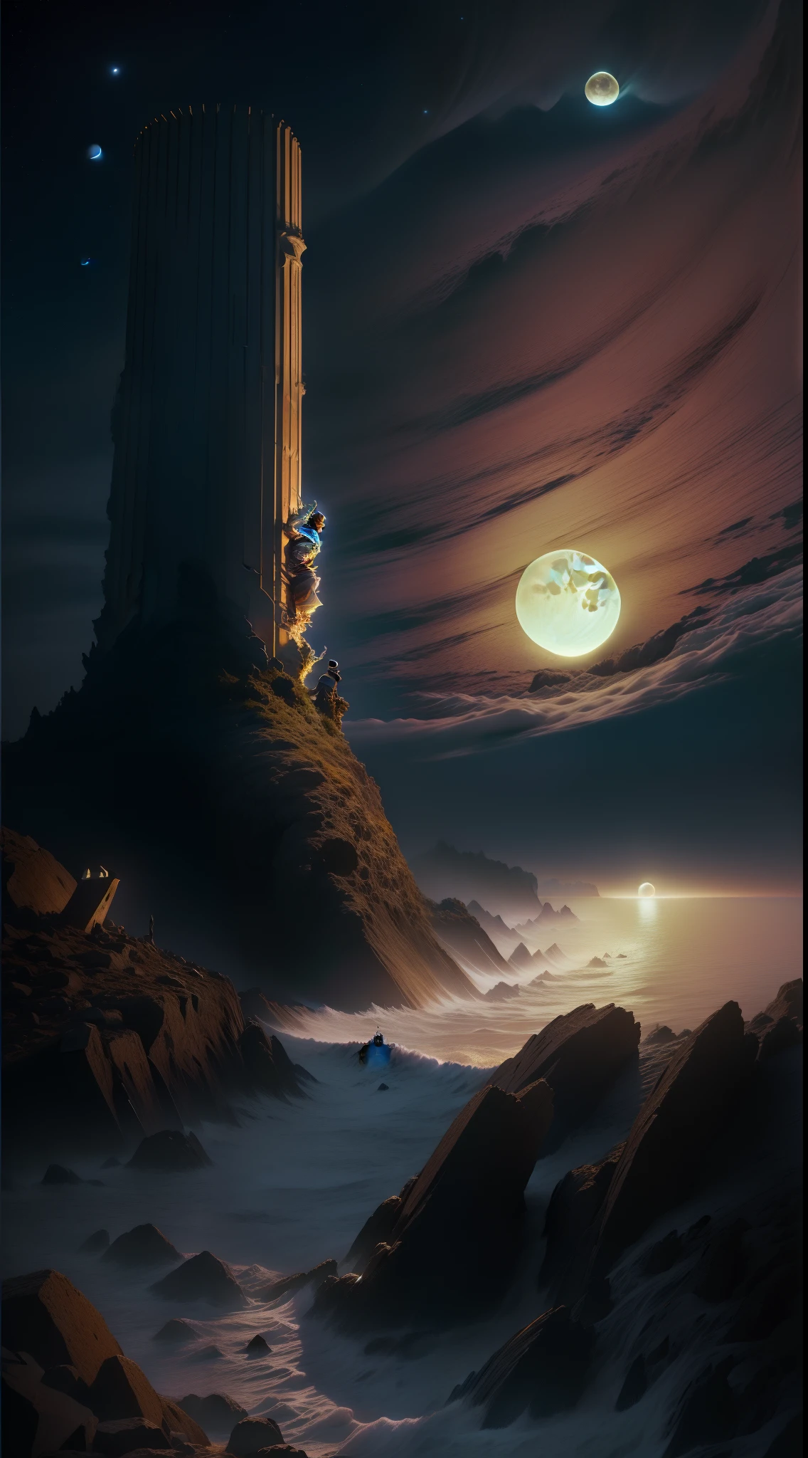 5 torrentes gigantes no meio de um nevoeiro a noite sobre uma lua sangrenta com um ser misterioso sobre uma das torres sorrindo para a lua