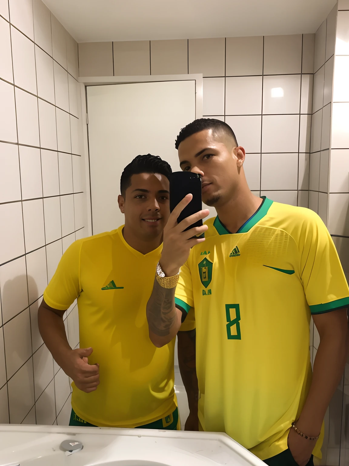 two men in a bathroom taking a selfie in a mirror, in sao paulo, at the world cup, retro 9 0 s, ronaldo luis nazario da lima, 🇺🇦, dan dos santos, brasil, inspired by Antônio Parreiras, ronaldo luis nazario de lima, mateus 9 5, caio santos