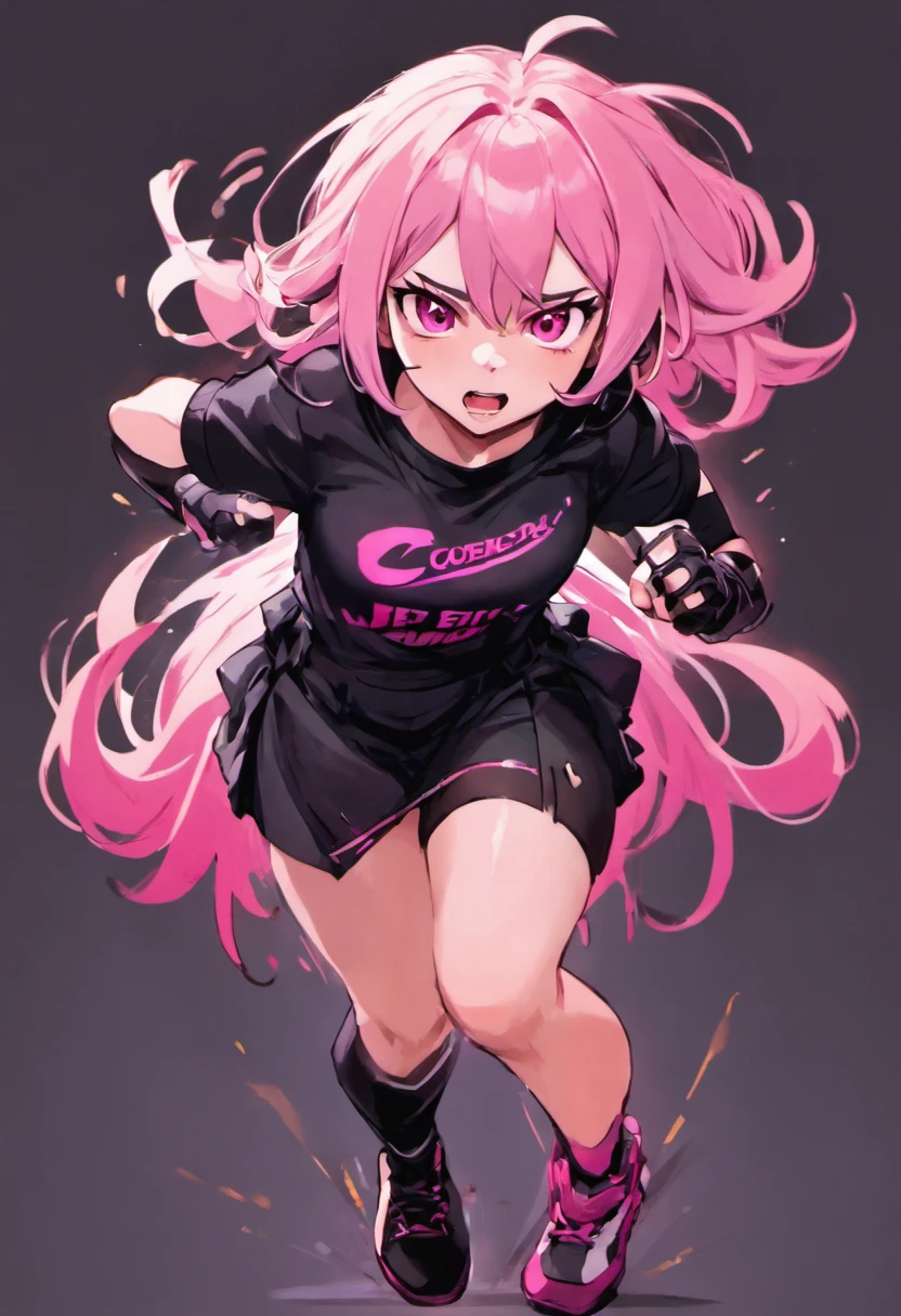 A young girl with medium-long pale pink hair (esponjoso), Great light brown color, mejillas coloradas usando una camiseta negra por dentro de una falda negra con rosa, calceitnes blancos, zapatos morados con guantes negros, una visera color negro en la cabeza; en un mundo futurista sosteniendo un arma