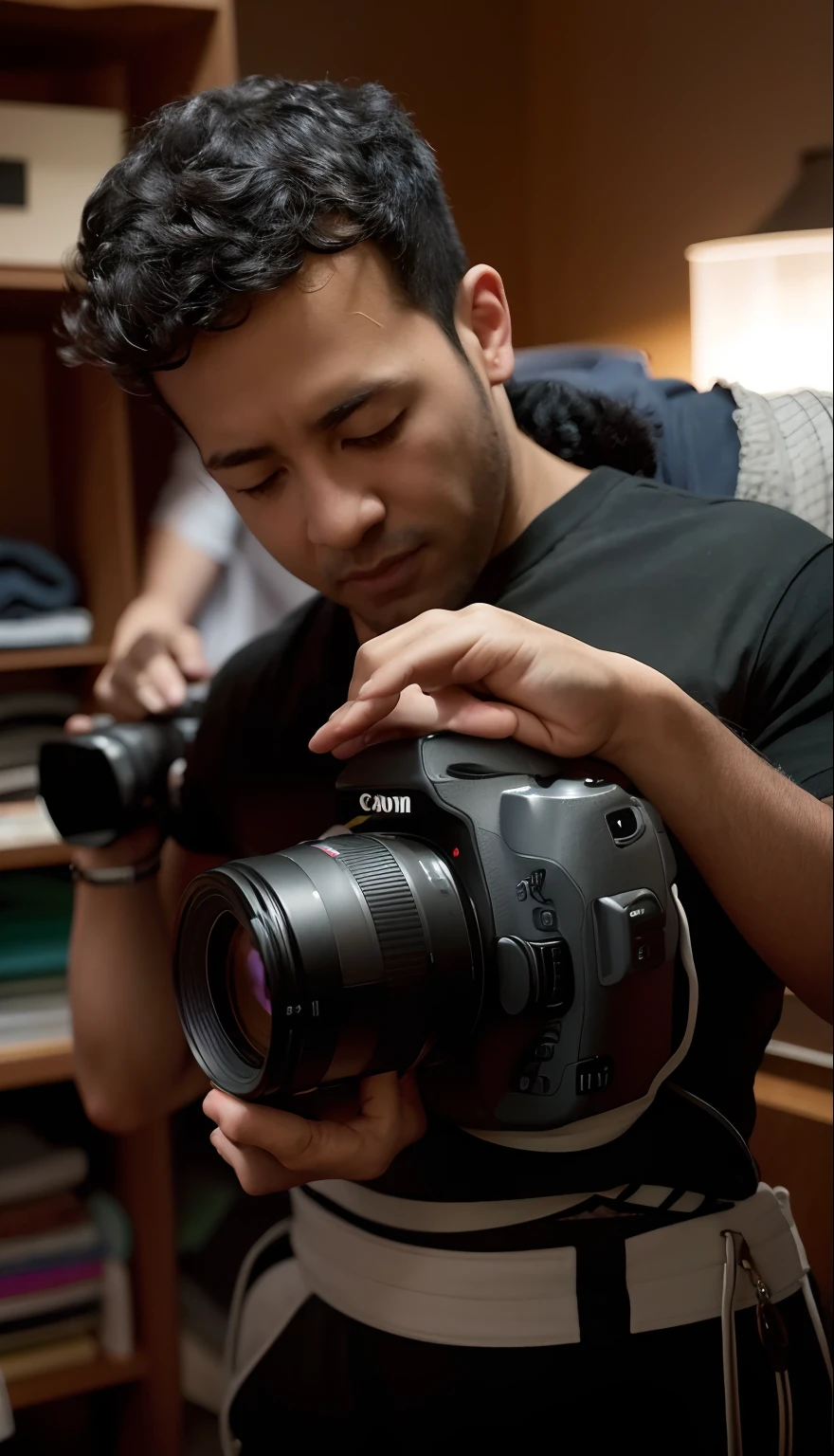 arafed man holding a camera in a room with a bunch of clothes, cinematography photo, cinematic shoot, shot with premium dslr camera, photo taken with canon 5d, shot on sony a 7, shot on canon eos r5, shot on canon eos r 5, portrait shot 8 k, taken with canon 5d mk4, dslr photograph, holding a camera