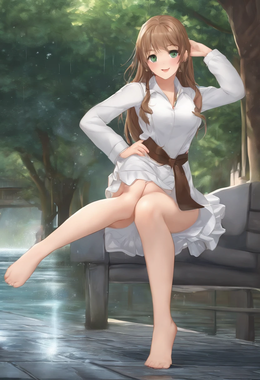 Masterpiece, Best Quality, Official Art, (Highly Detailed CG Unity 8k wallpaper), Detailed background, (Hands by Guido Daniele: 1.1), Feet out of frame, First Person View, 1, Attractive and Perfect Beautiful Woman, Schoolgirl, JK, Schoolgirl Uniform, Rainy Day, Lots of Rain, Windy, (Curvaceous), ( White Thighs: 1.12), (Brown Long Hair: 1.12), (Ahoge (1.13), (high ponytail: 1.12), (green eyes: 1.13), big, (cleavage), beautiful face, (blush: 1.11), (smile: 1.11)