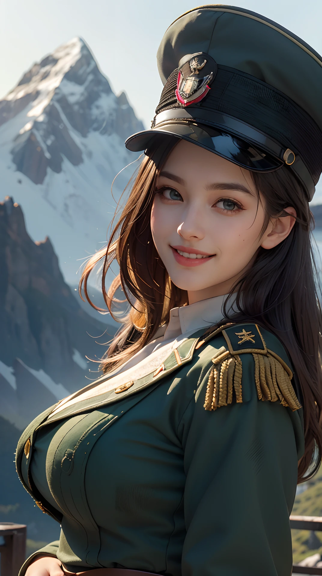 beautiful ((similar)) Lilith Building posing in (Dynamic pose) As a dieselpunk army officer in World War II, Wearing a black leather uniform that shows her cleavage、Wearing a leather military cap, Reference Photo, 最high quality, high quality, (Detailed face and eyes), dusk lighting,, Heavy makeup, industrial use, outdoor snow forest background ((close))