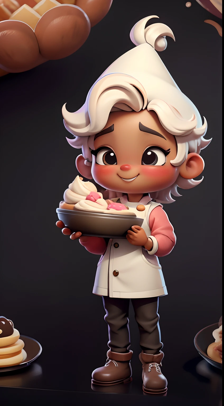 Create a series of cute  chibi style afro dolls with a cute pastry chef theme, each with lots of detail and in an 8K resolution. All puppets must follow the same solid background pattern and be complete in the image, mostrando o (corpo inteiro, incluindo as pernas: 1.5)

Boneco Mini Chef: Chame-a de Mario. Ele deve ter cabelo pequeno em tom preto marrom. Seus olhos devem ser grandes e expressivos, with short eyelashes rosy cheeks. Sorriso delicado e branco. Mario deve estar vestido com uma jaqueta de chef vermelha bordas verdes, black pants and an ornate chef's hat, sapato social preto. He must hold a mozzarella pizza in his hand. Certifique-se de adicionar detalhes nas roupas, such as buttons and pockets, sapato bonito

Certifique-se de adicionar sombras, texturas e detalhes nos cabelos, roupas, confectionery utensils, to make them even more adorable and charming.