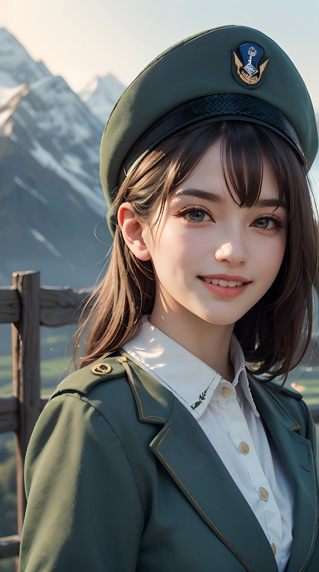 A beautiful girl,A sweet smile,(Face details:1.6),(epaulette:1.6),(military hat:1.2),(Fighting posture:1.3),Wearing a green military uniform,fresh flowers,lakes,parks