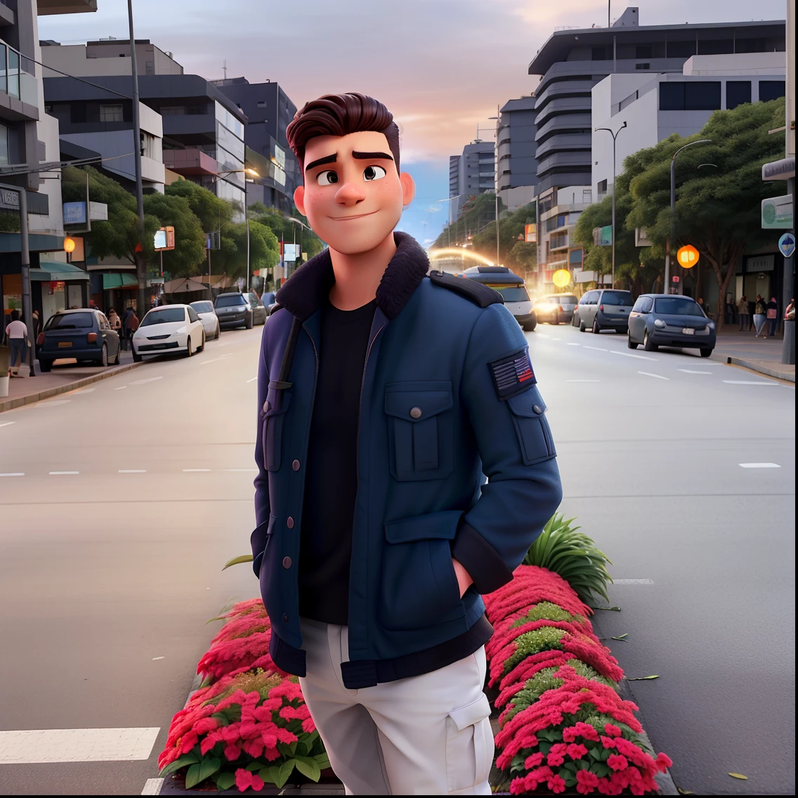 Um homem cabelo raspado tipo militar parado na frente de uma avenida, iluminado pela luz do dia, contra o pano de fundo de uma cidade