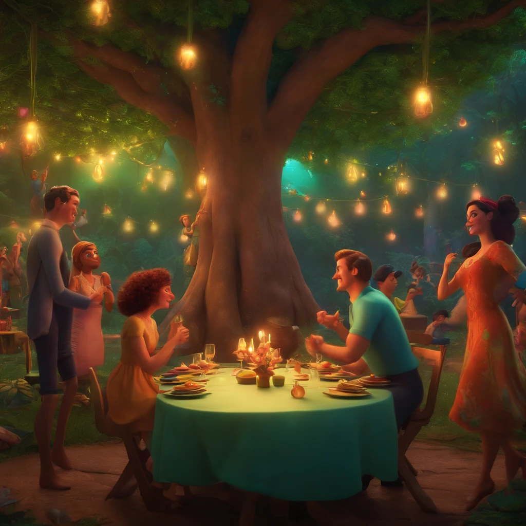 There are 7 people around a table, 3 homens e 4 mulheres, Everybody's dancing, In the background, a psychedelic environment, Tree trunks come out of the ground organically lit, There's an electronic music party atmosphere, o estilo de Pixar