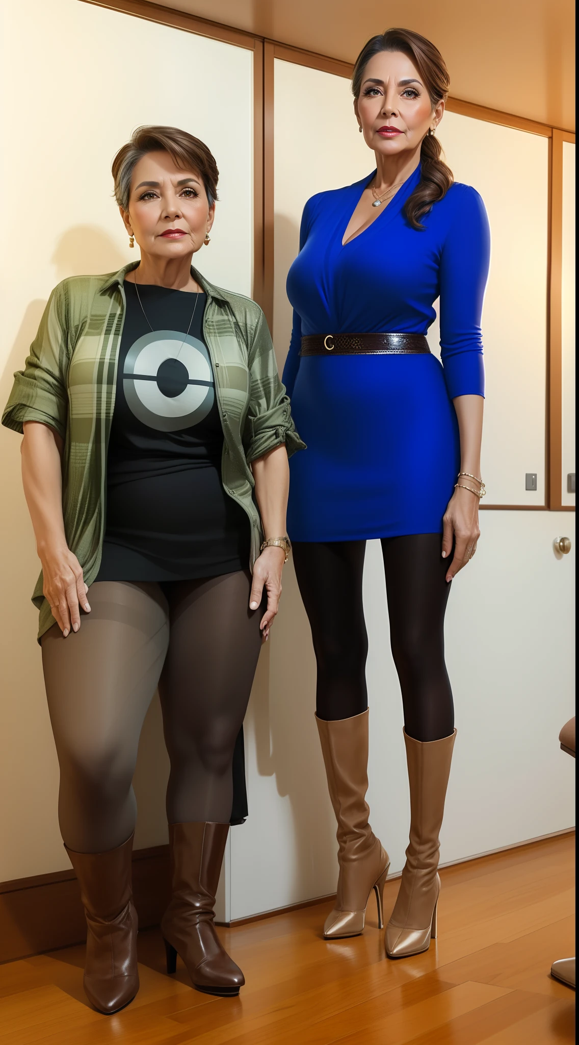 Portrait of a 60-year-old woman with short brown hair, a captivating gaze, Brown eyes, Wrinkles on her face, Black pantyhose,high heels boots,Revealing her large sagging breasts, Light makeup and red lips. 32K