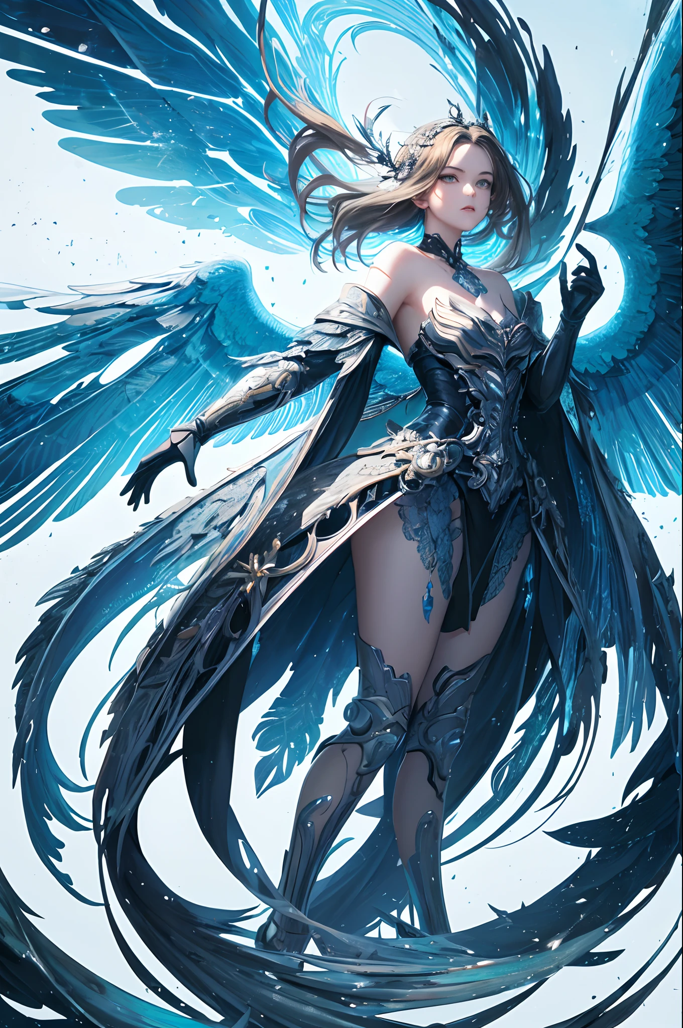 (((Front View Shot Illustration,Full body,s fractal art))),Machine with peacock feathers on background,1girl in,Mechanical joints,Deforming limbs,mechanical punk,Angel big wings,Rectangular background composition,insanely detailed and intricat, Hyper maximalist, Elegant, ornate, Fluorescent color, look at side, Beautiful face, Beautiful eyes, (Off-the-shoulder: 1.2), Upper body, Shiny hair, Shiny skin, Glow Emission Cut, Finger proportions are adjusted, Dark, POV, Dynamic Angle, (((masutepiece))), (((Best Quality))), ((Ultra-detailed)), (Illustration), (Detailed light), ((extremely delicate and beautiful)), Dramatic_Shadow, Ray-Ban_tracing, reflection, 超A high resolution, laser, Blue hue