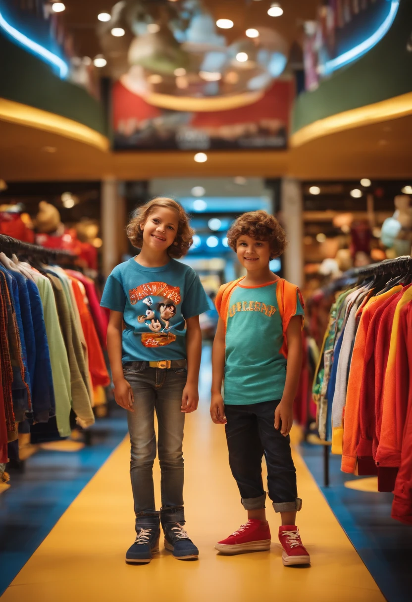 A couple of cool in a disney pixar children's clothing store in a shopping mall style setting