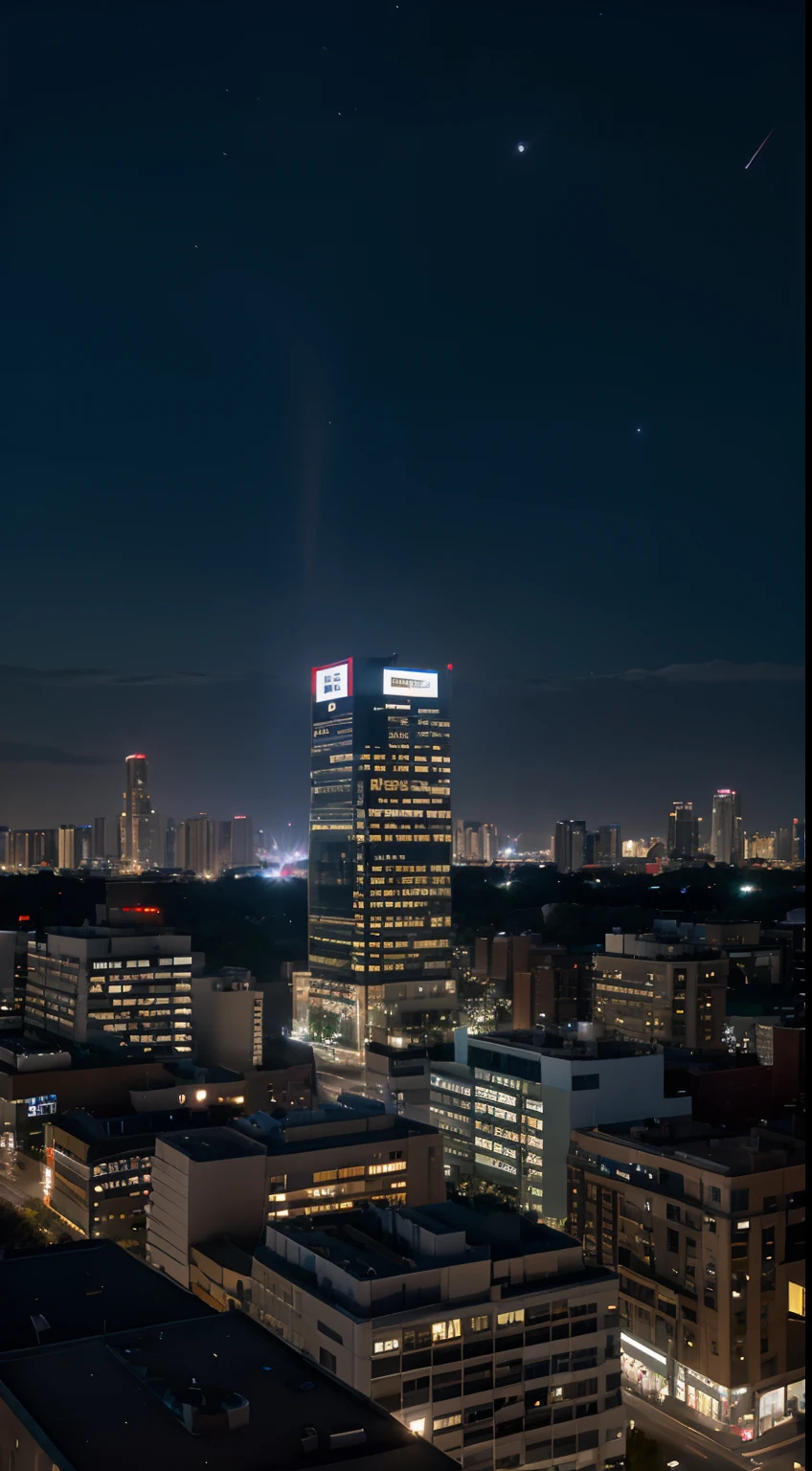 City view with high tower building, soft light, dimlight, rim light, night sky, with light building
