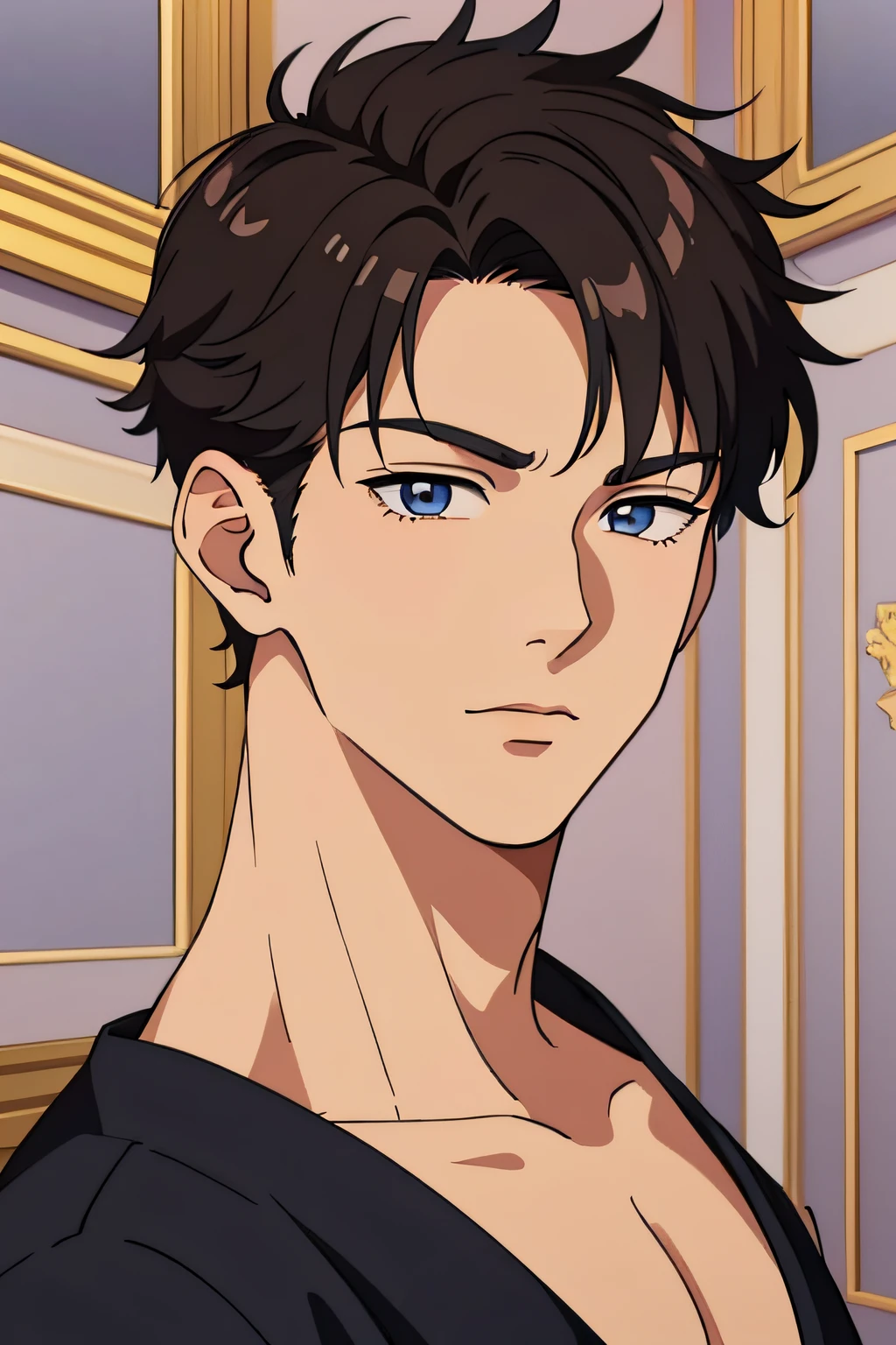 masterpiece, best quality, ultra high detailed,full-color, 1 boy, anime style, portrait shot of a handsome 19 year old male, in the room which is dark, evening, dark, the boy is very handsome, his face has perfect ratio, detailed face, very short hair, big beautiful yet masculine eyes, detailed eyes, he is shy, the lines are very thin, High image quality. 4K, The ultra -The high-definition, the lines are ultra-thin, the lines are thin, stunning background