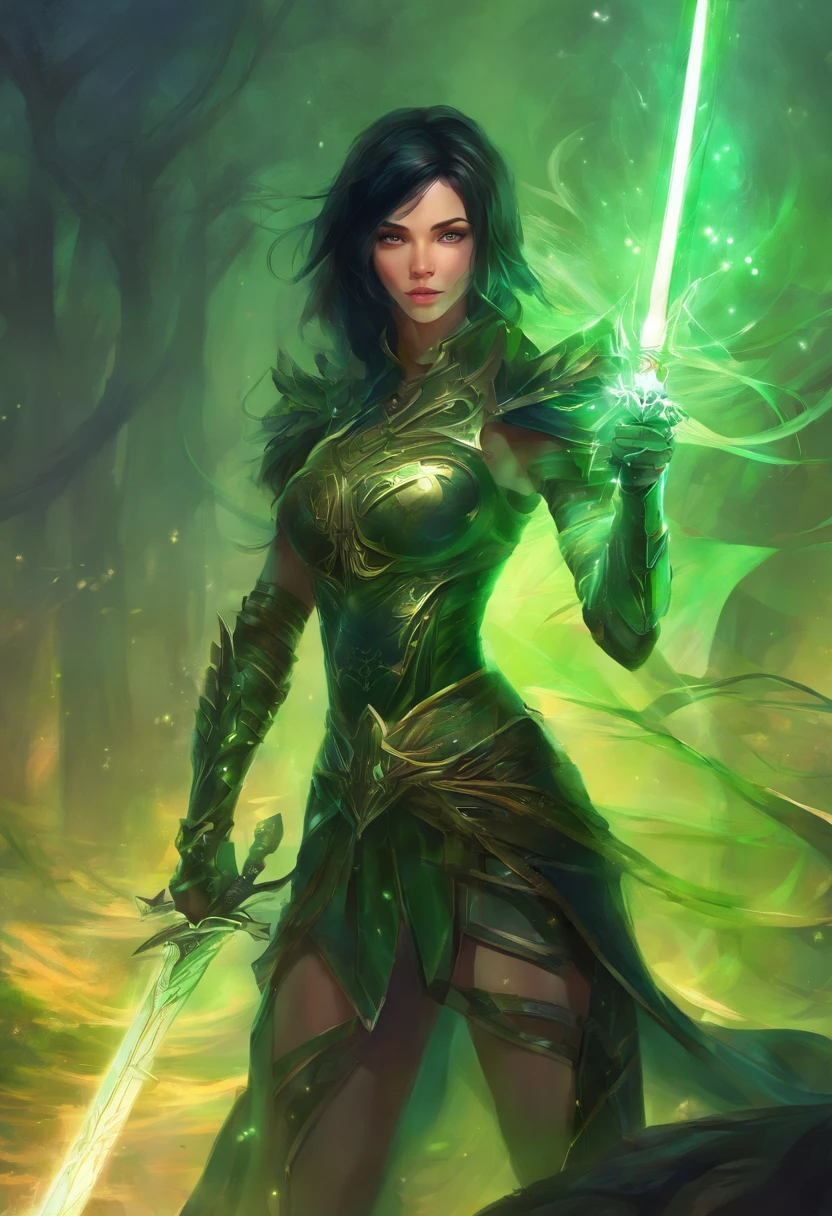 Girl, green eyes, black hair, cyber outift, swords, fighting, full body