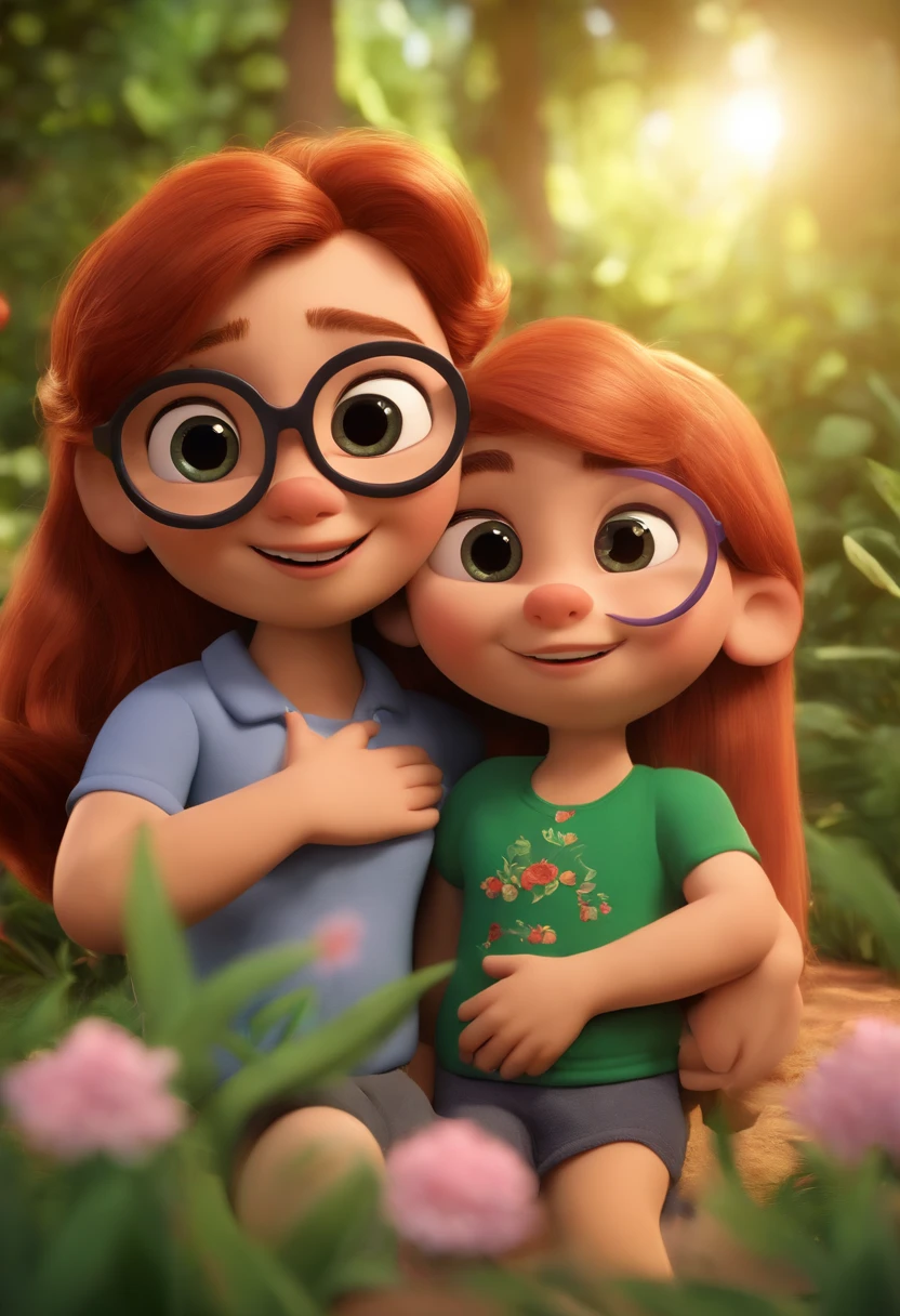 Create a Disney PIXAR-style 3D poster. ((centro da imagem, Triplets)), ((3 adultos) ((1 homem no meio e 2 mulheres ao lado, They're hugging each other, O homem tem pele branca e cabelos castanhos claros e olhos castanhos claros, eyeglass, 1 mulher tem pele branca, olhos verdes e cabelos loiros e cacheados, e a outra mulher tem pele branca, olhos azuis, Pink glasses and straight red hair ) ((tudo isso no estilo Disney PIXAR 3D, In the background, uma casa antiga, Gloria Studio, The garden is full of nature 3D render RTX clay material, estilo de design cartunesco, POP Mart, soft lighting, linhas suaves, Spring tilt, Detailed illustrations of PIXAR 3D, Detalhes hiper-realistas, cor quente no estilo Disney PIXAR 3D))