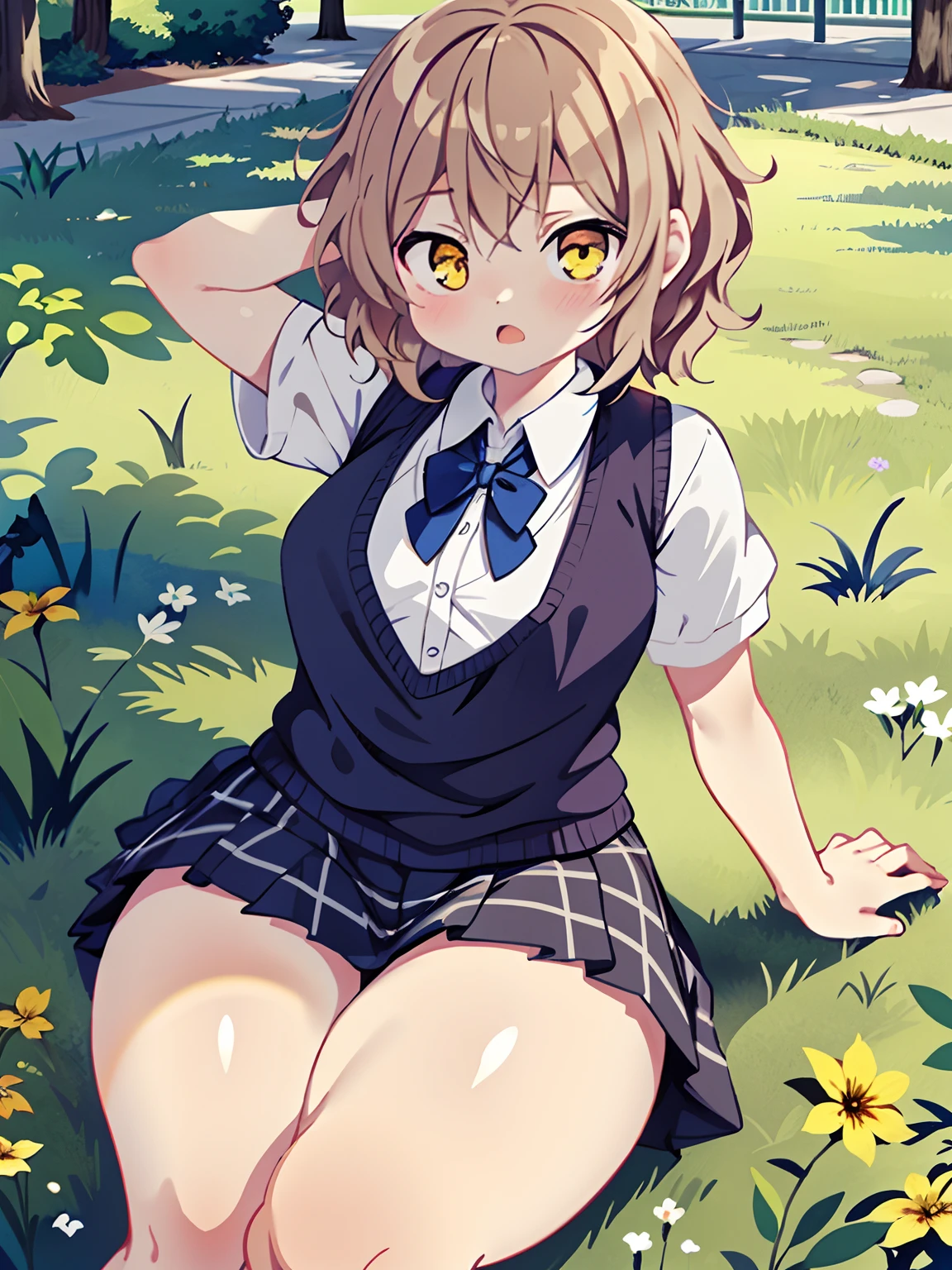 ((top-quality))), ((((Tsuriformes)))), (((Glaring at me with a twinkle))), ((Glowing yellow eyes)), ((((Smaller )))), (((light purple disheveled hair))), (((((Upper Eyes))))), ((Wear a navy blue vest and plaid skirt)), ((Open your mouth wide)), (Sit on the lawn in the park), ((cheek bulge)), ((((thighs thighs thighs thighs!!!!!!)))), Big , (((((thick leg))))), ((Emphasis calf)), ((Medium short wavy hair)), A park bathed in bright sunlight