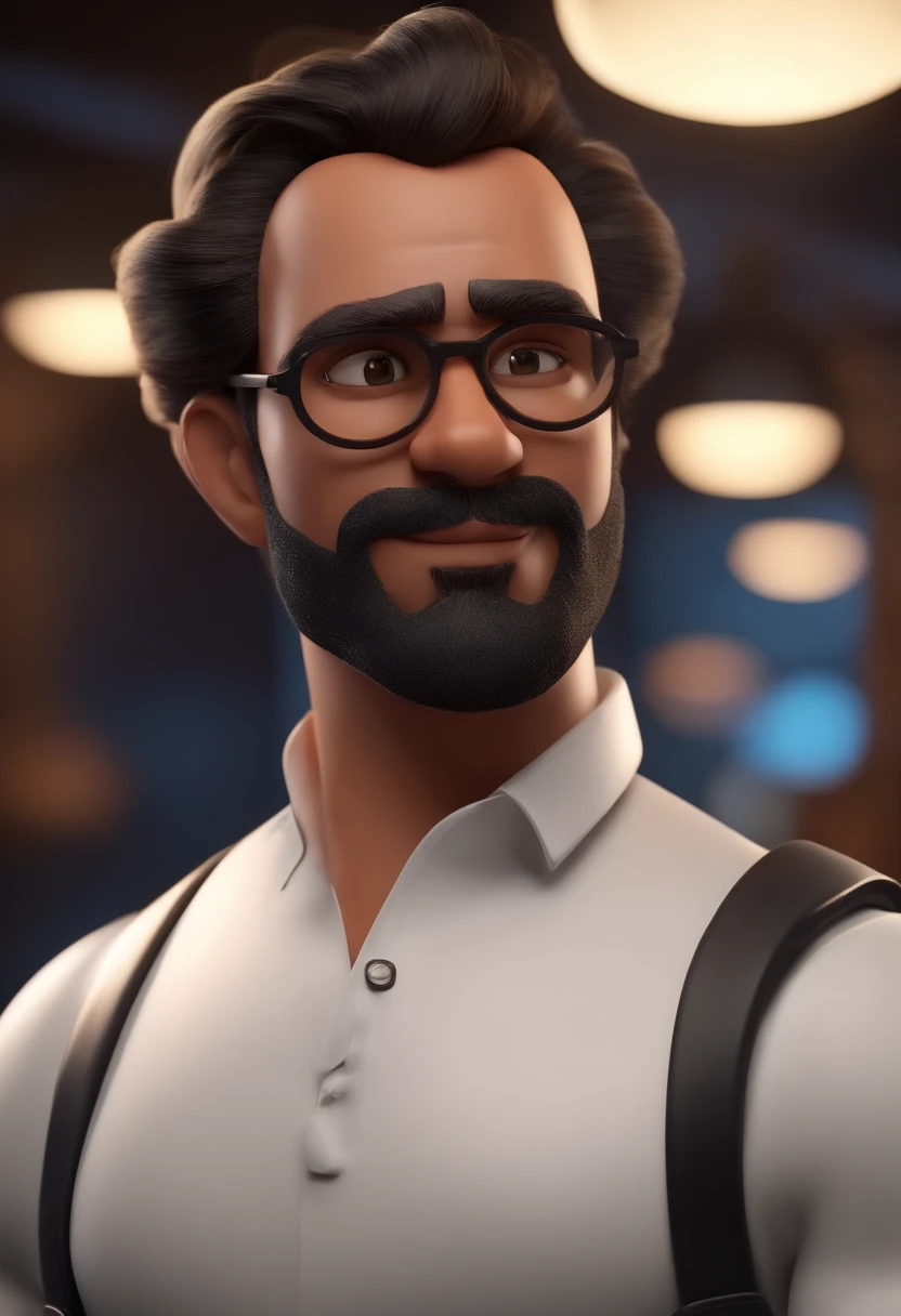 Cartoon character of a black-bearded man wearing black glasses and a white shirt, terno verde um personagem animado, Caractere estilizado, animation style rendering, 3D estilizado, Arnold Maya render, 3 d render stylized, toon render keyshot, Personagem 3D, Personagem 3D, 3d rendering stylized, 3 d character render, personagem de desenho animado, Personagem de close up, Pose de personagem, (Estilo Pixar) (master part:1.2) (Bokeh) (best quality) (pele detalhada) (textura detalhada) (8k) (argila) (Cinematic lighting) (foco nítido,Senta e vaza a parte superior do corpo