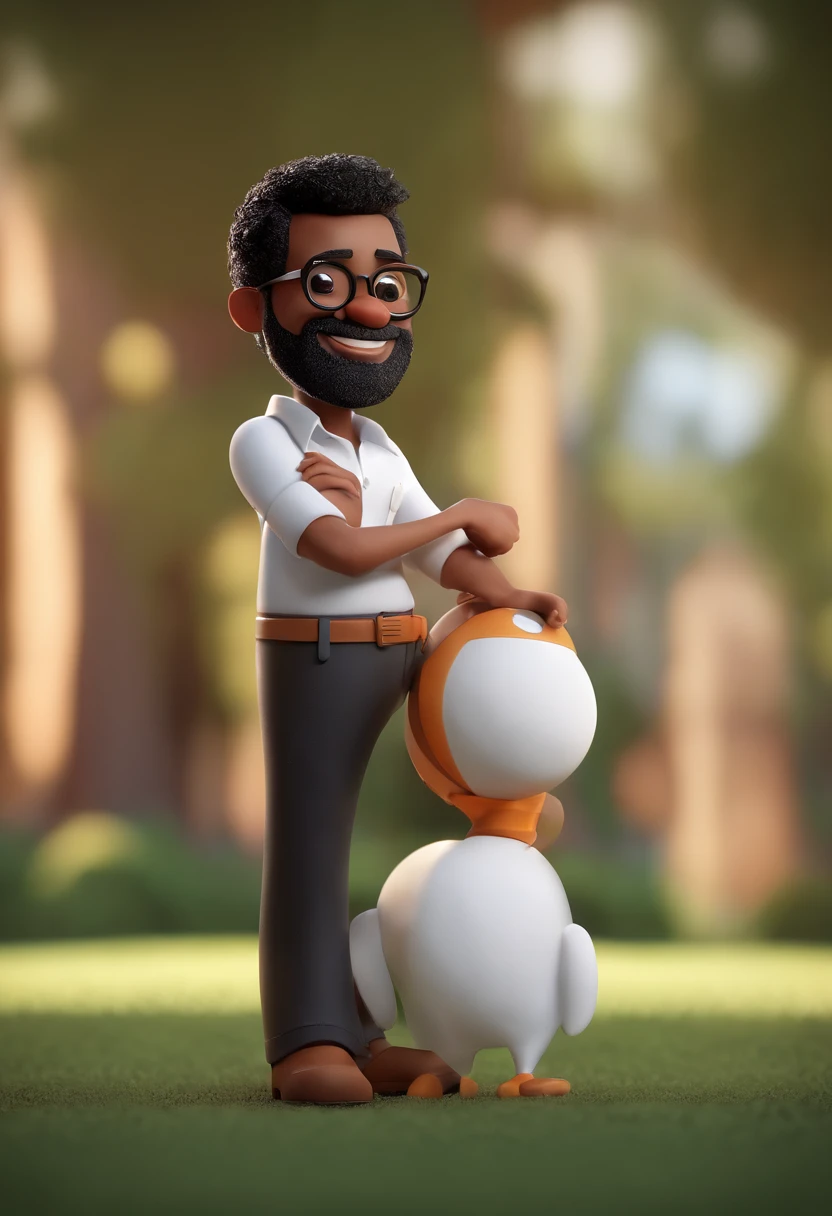 Cartoon character of a black-bearded man wearing black glasses and a white shirt, terno verde um personagem animado, Caractere estilizado, animation style rendering, 3D estilizado, Arnold Maya render, 3 d render stylized, toon render keyshot, Personagem 3D, Personagem 3D, 3d rendering stylized, 3 d character render, personagem de desenho animado, Personagem de close up, Pose de personagem, (Estilo Pixar) (master part:1.2) (Bokeh) (best quality) (pele detalhada) (textura detalhada) (8k) (argila) (Cinematic lighting) (foco nítido，Senta e vaza a parte superior do corpo